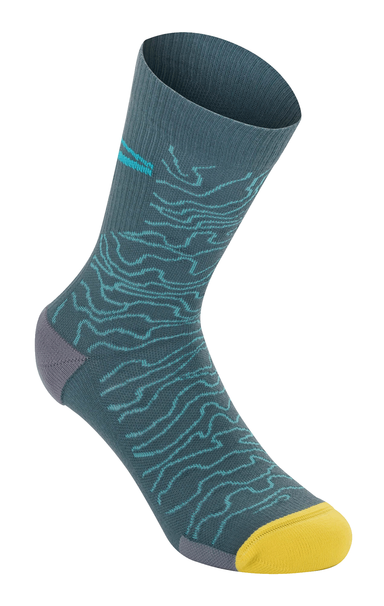 Alpinestars Drop Socks 15, chaussettes de VTT, bleu Atlantic Ceramic avec motif topographique bleu clair, pointe jaune vif et talon gris, texture côtelée, chaussettes de performance légères pour le VTT