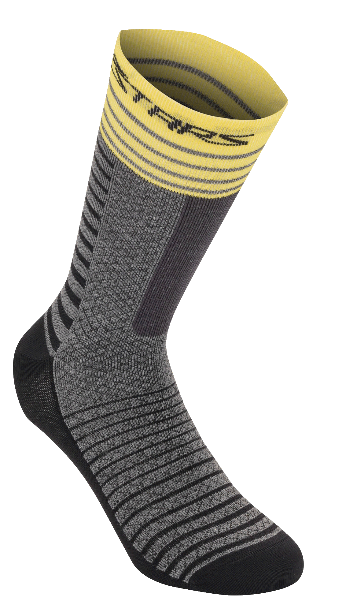 Alpinestars Drop Socks 19, chaussettes de cyclisme, gris moyen et jaune, avec un revers côtelé jaune à rayures, un corps gris texturé avec des motifs horizontaux noirs, un talon et une pointe renforcés noirs, équipement VTT respirant haute performance