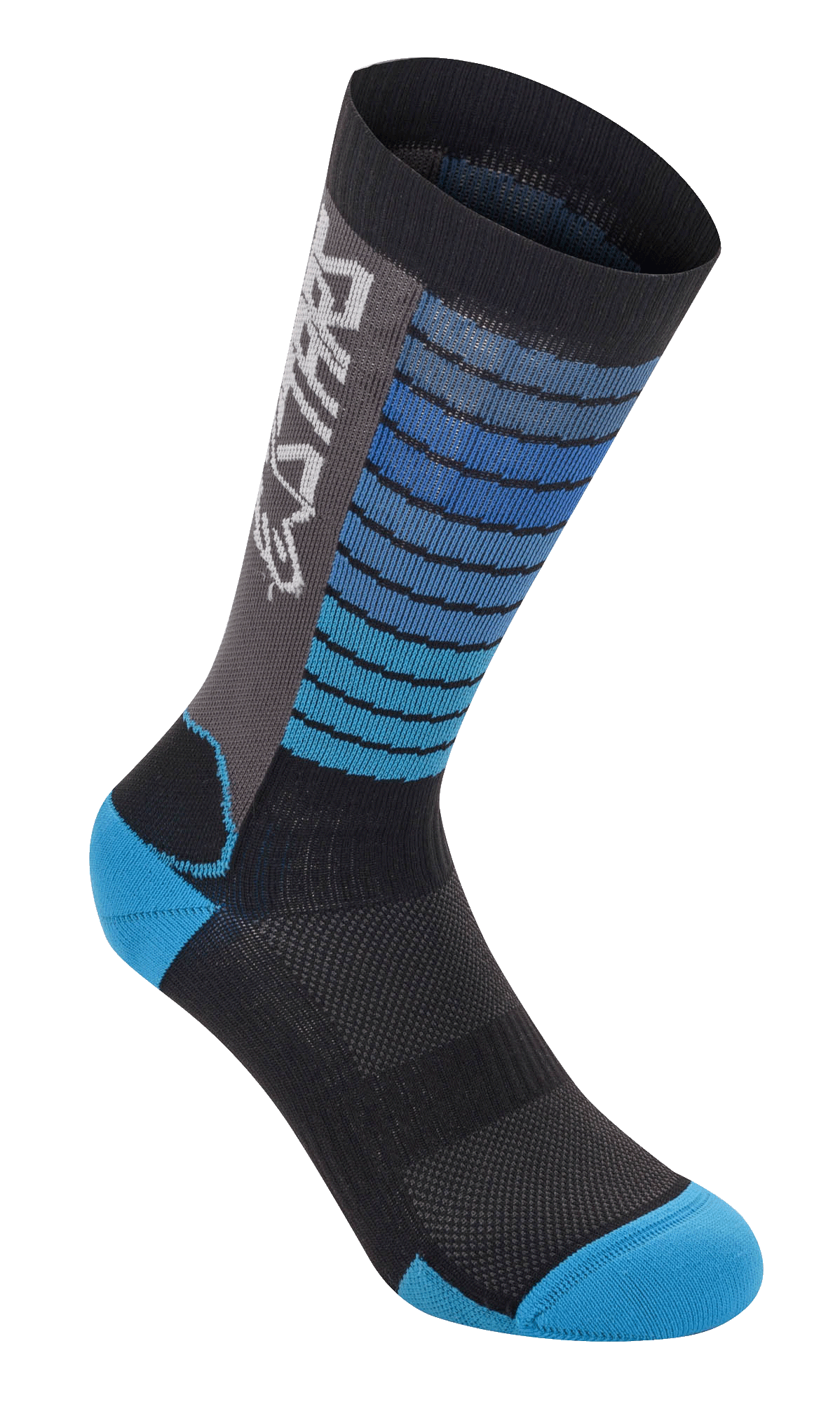 Alpinestars Drop Socks, chaussettes de cyclisme VTT, noir et bleu aqua, motifs à rayures horizontales sur le haut de la jambe, empiècement latéral gris avec logo blanc, talon et pointe aqua renforcés, tissu en maille respirante