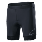 Alpinestars Alps Inner Shorts, Black cycling liner shorts with integrated padded seat area, elastic waistband, reflective Astars logo on the lower left leg, stretchy synthetic fabric for performance and moisture-wicking comfort