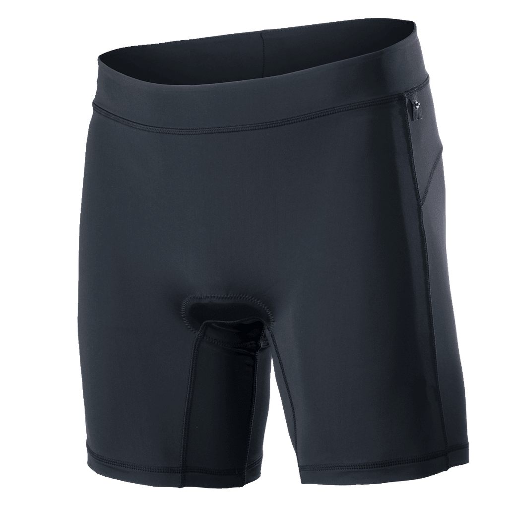 Alpinestars Drop Inner Shorts, Black mountain bike liner shorts with integrated chamois padding, wide elastic waistband, ergonomic compression fit, and breathable quick-drying stretch fabric for trail and Enduro riding.