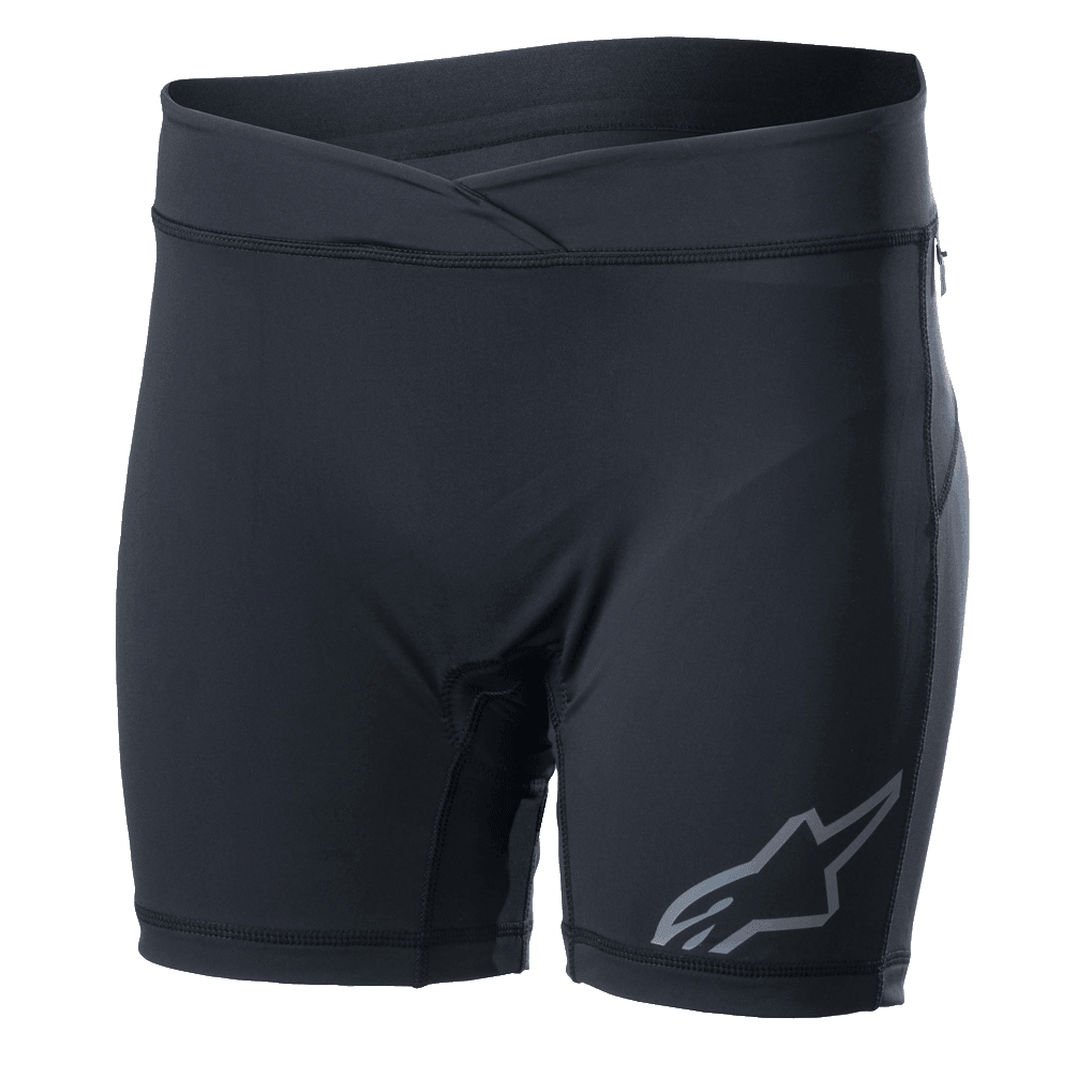 Alpinestars Stella Drop Inner Shorts pour femme, couche de base de cyclisme noire, short de compression ajusté avec une ceinture croisée, logo Alpinestars gris sur la jambe, tissu extensible évacuant l'humidité pour le VTT et l'Enduro