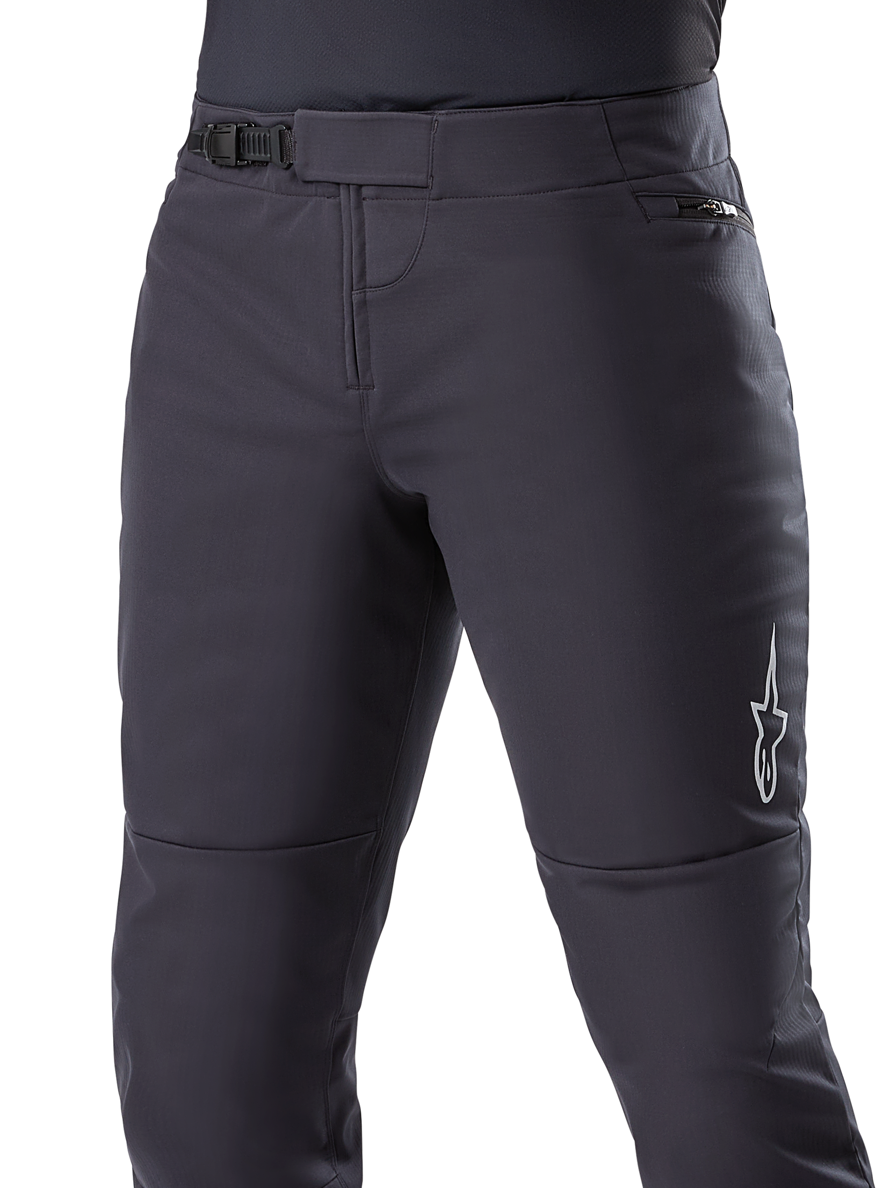 Pantalon thermique Alpinestars A-Dura, pantalon de VTT noir, doté d'une fermeture à cliquet sécurisée à la taille et d'une poche zippée sur la hanche, logo étoile blanc sur le côté, forme pré-courbée pour un confort optimal, matériau thermique durable pour le cyclisme par temps froid