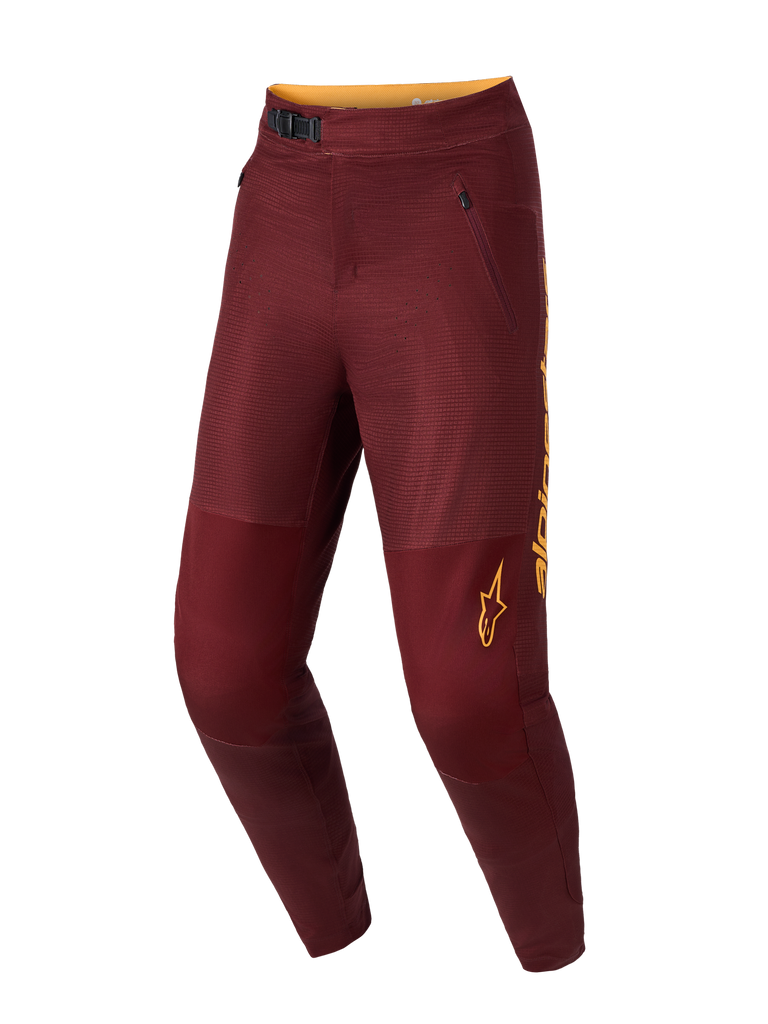 Pantalon VTT Alpinestars A-Dura Elite Flex bordeaux, coupe ajustée performance avec fermeture à cliquet.