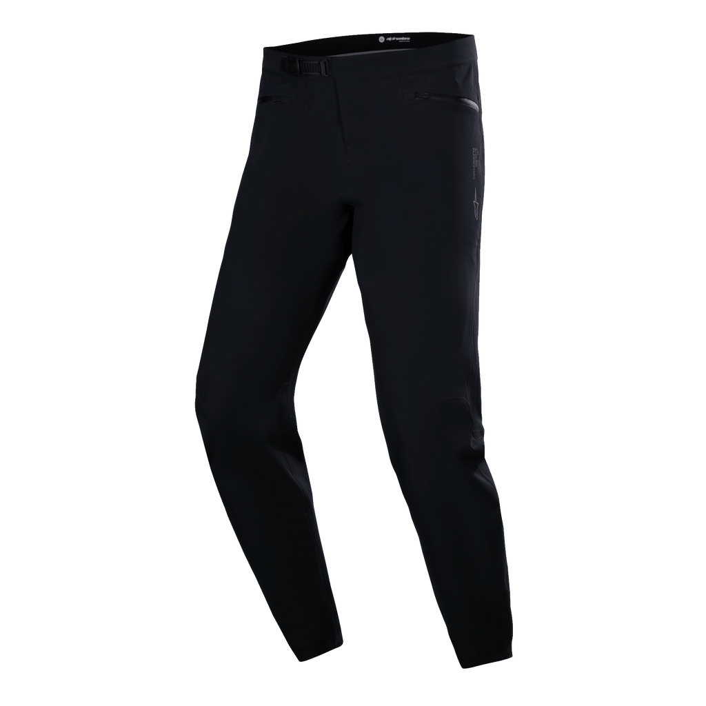 Pantalon imperméable Alpinestars A-Dura, pantalon de cyclisme VTT, noir, coupe technique ajustée avec poches latérales zippées et boucle de taille à cliquet, tissu imperméable lisse, équipement de performance minimaliste pour le VTT