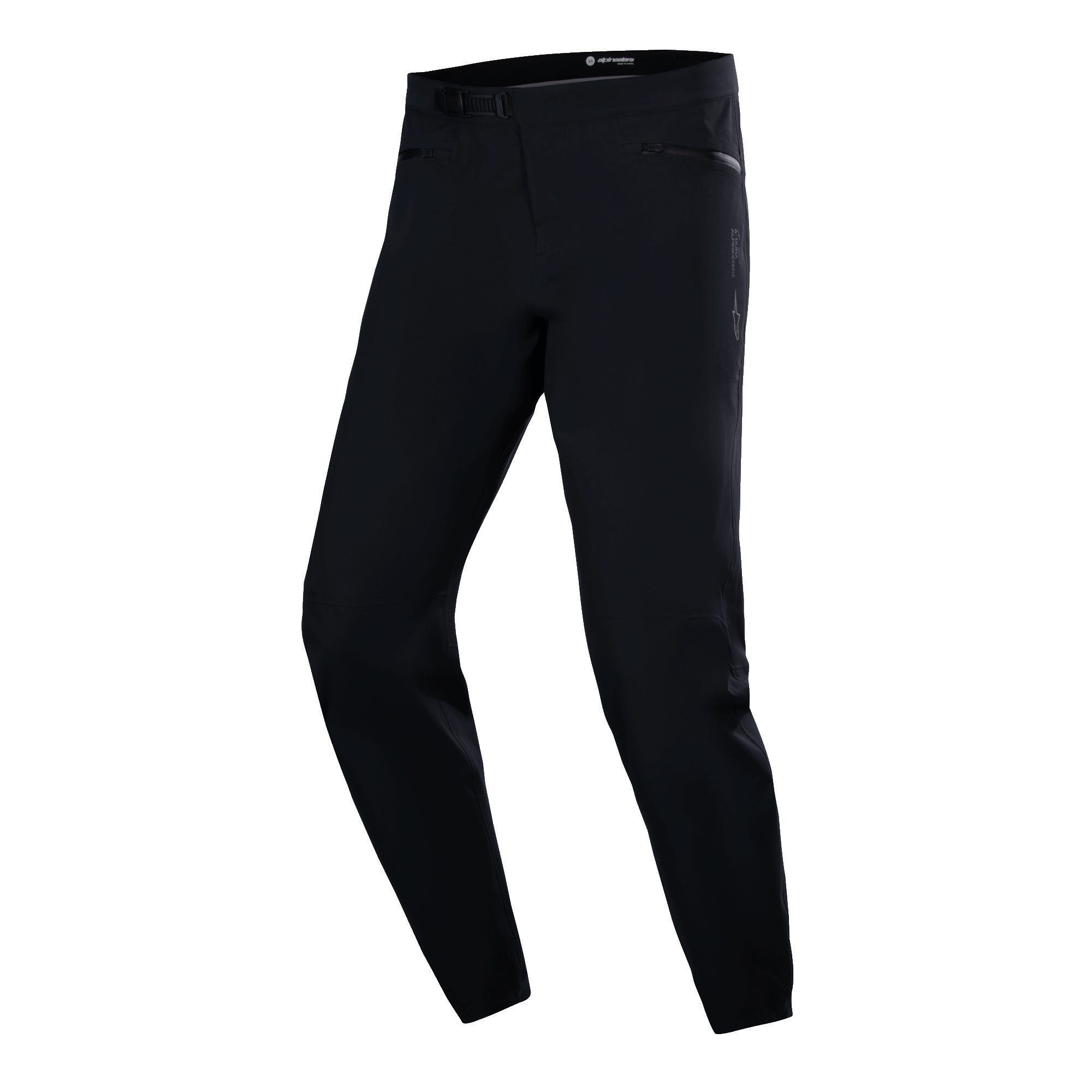 Pantalon imperméable Alpinestars A-Dura, pantalon de cyclisme VTT, noir, coupe technique ajustée avec poches latérales zippées et boucle de taille à cliquet, tissu imperméable lisse, équipement de performance minimaliste pour le VTT