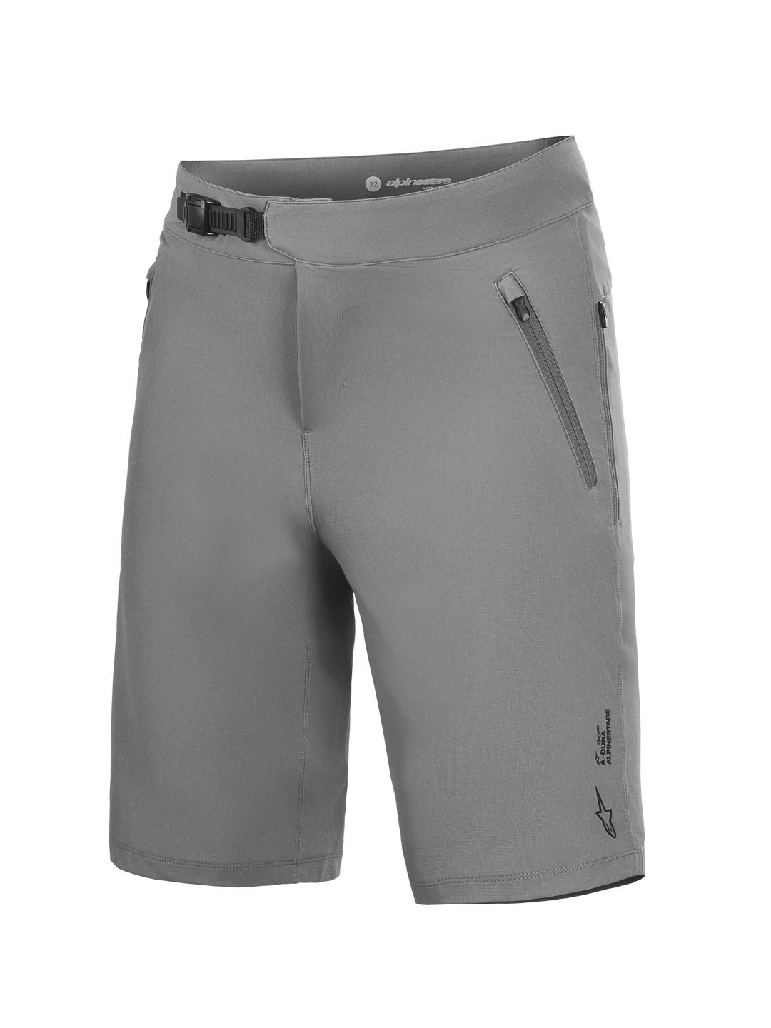 Short VTT gris Alpinestars A-Dura Ride, tissu extensible 4 directions avec fermeture à cliquet et poches zippées.