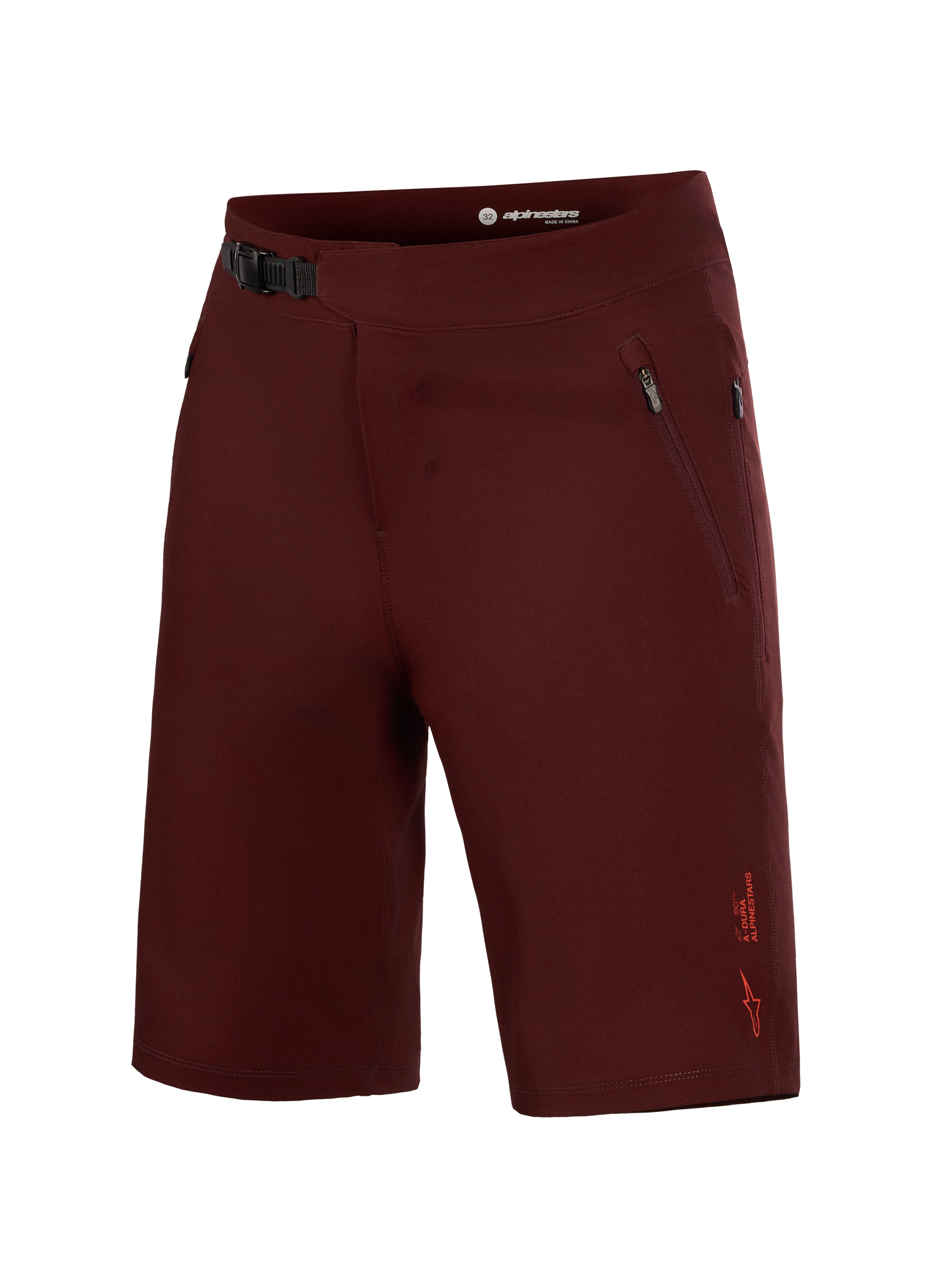 Short VTT A-Dura Ride Liner bordeaux Alpinestars, tissu extensible, fermeture à cliquet et poches zippées.