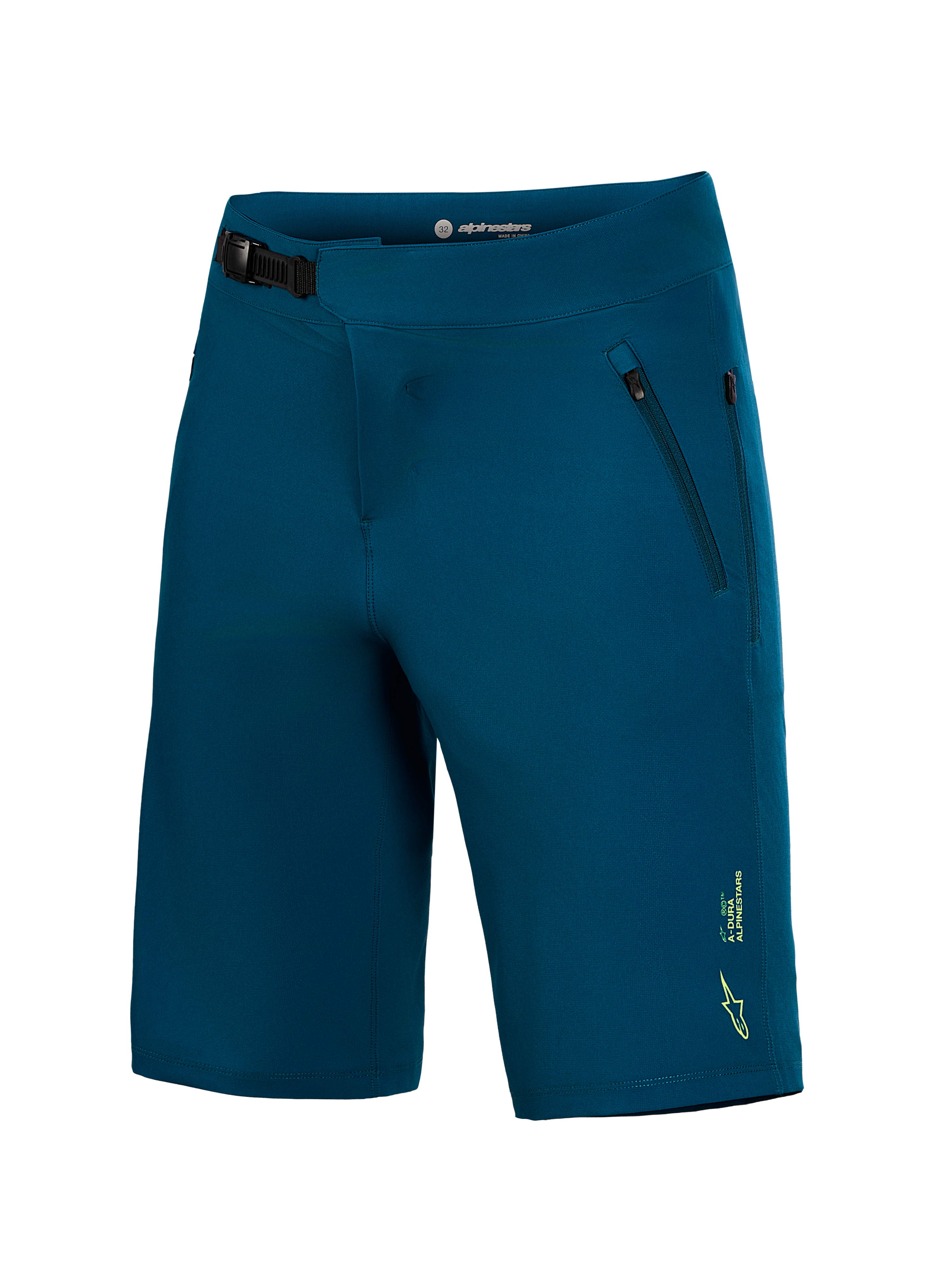 Short Alpinestars A-Dura Ride bleu-vert, avec fermeture à cliquet et poches zippées pour la performance en VTT.
