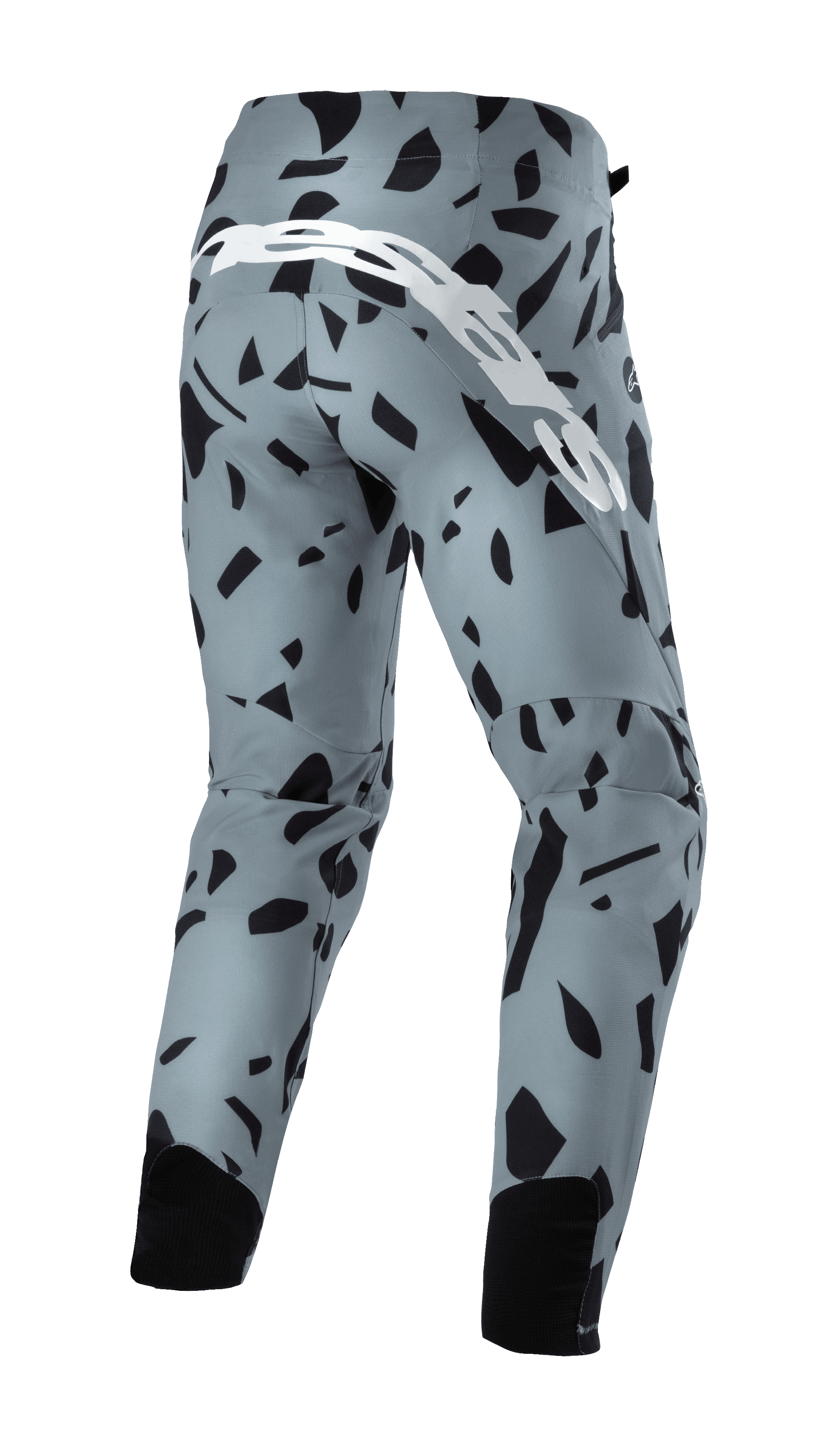 Pantalon Alpinestars Techstar Envision, pantalon de VTT, bleu cendré avec motif géométrique abstrait noir, vue arrière présentant un grand logo script blanc et des empiècements en maille noire aux mollets, équipement de cyclisme tout-terrain durable