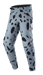 Pantalon Alpinestars Techstar Envision, pantalon de VTT, bleu cendré avec motif abstrait noir, fermeture à cliquet à la taille et poches zippées, ventilation perforée au laser pour la respirabilité, conçu pour le VTT
