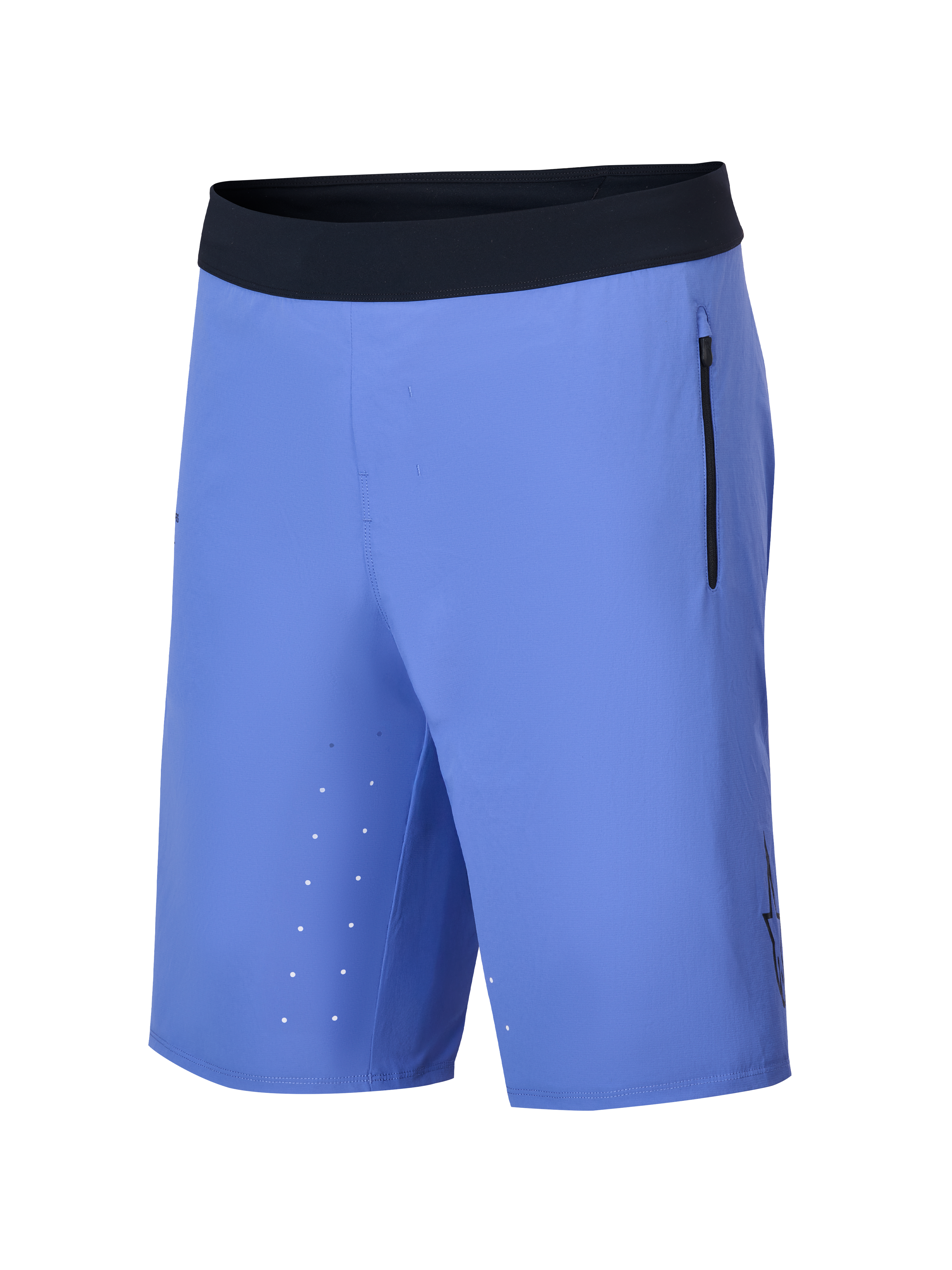 Alpinestars A-Aria Lite Short, Mountain Bike Shorts, Baja Blue, featuring a black ultra-soft waistband, vertical zippered side pocket, laser-cut ventilation holes on the inner thigh, and a lightweight performance fit for trail riding.