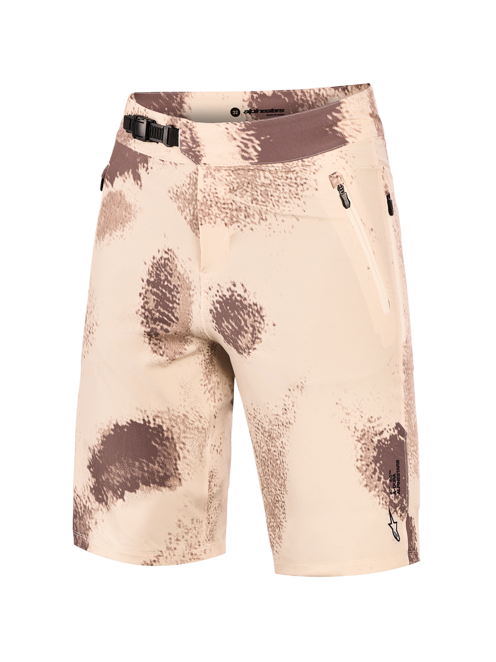 Short VTT A-Dura Ride Alpinestars camouflage sable, fermeture à cliquet, poches zippées et tissu extensible 4 directions.