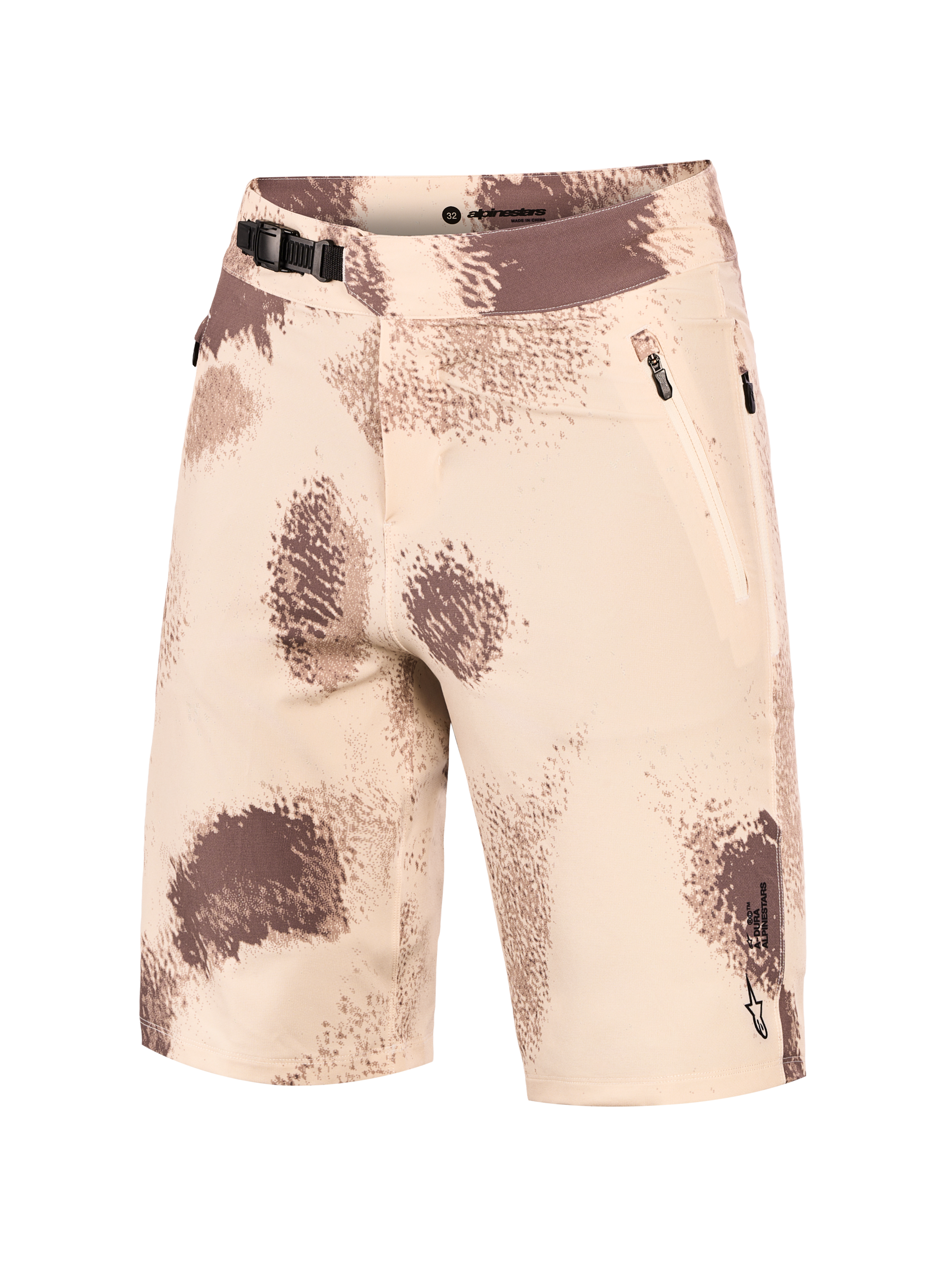 Short VTT A-Dura Ride Alpinestars camouflage sable, fermeture à cliquet, poches zippées et tissu extensible 4 directions.