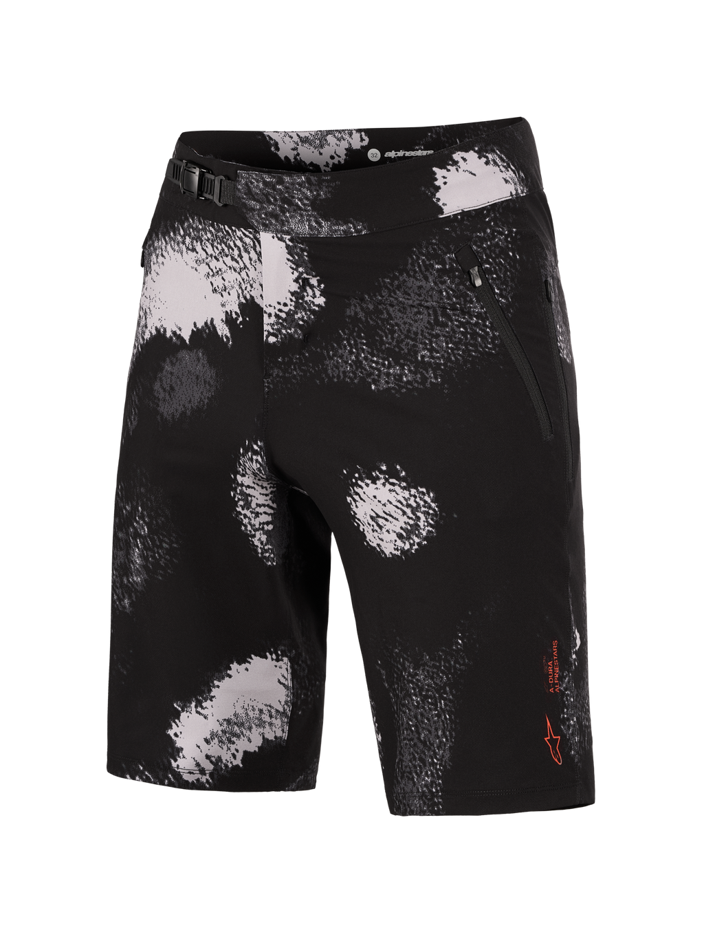 Short de VTT Alpinestars A-Dura Ride Black Camo, tissu extensible 4 directions et fermeture à cliquet sécurisée.