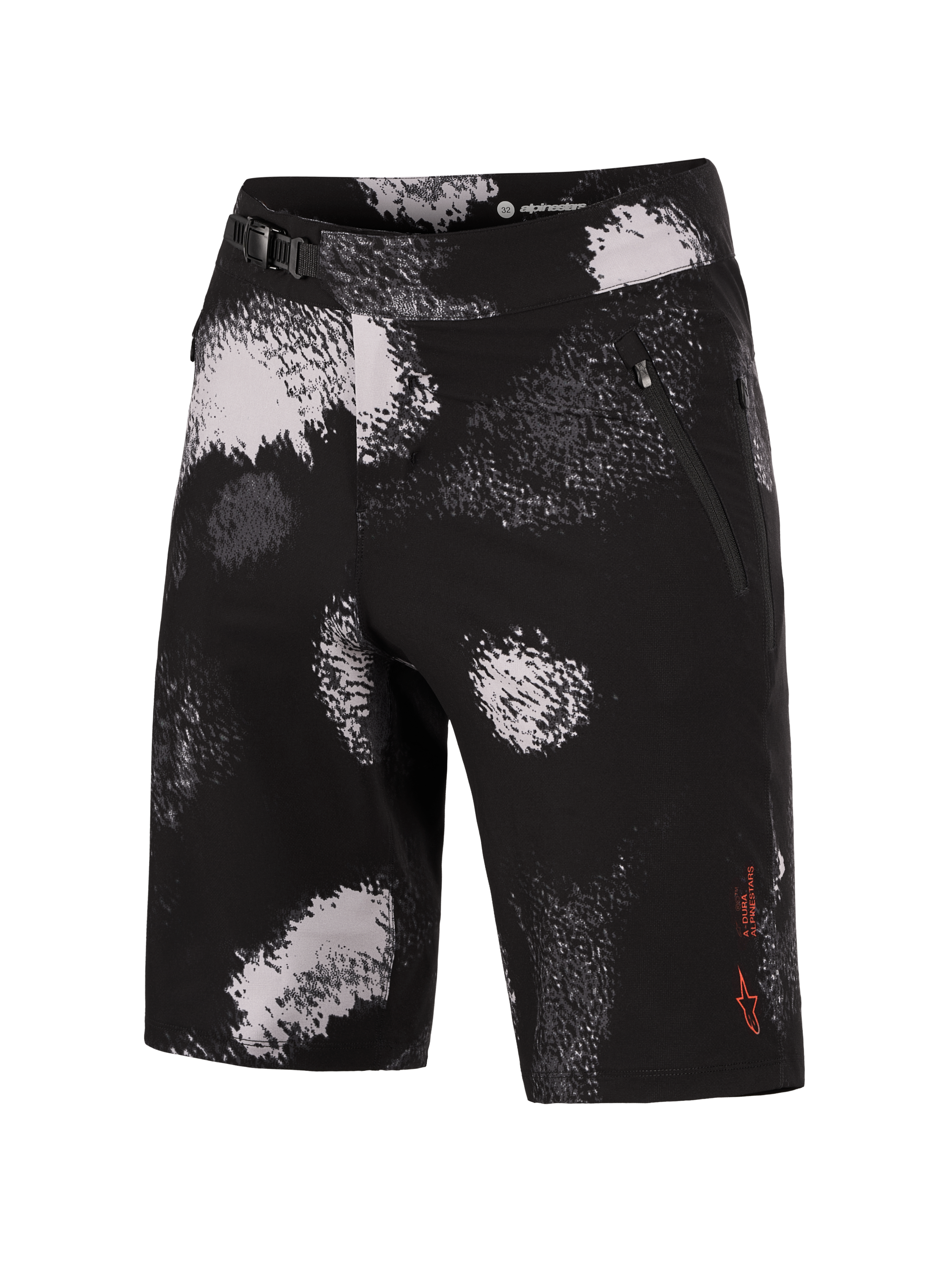 Short de VTT Alpinestars A-Dura Ride Black Camo, tissu extensible 4 directions et fermeture à cliquet sécurisée.