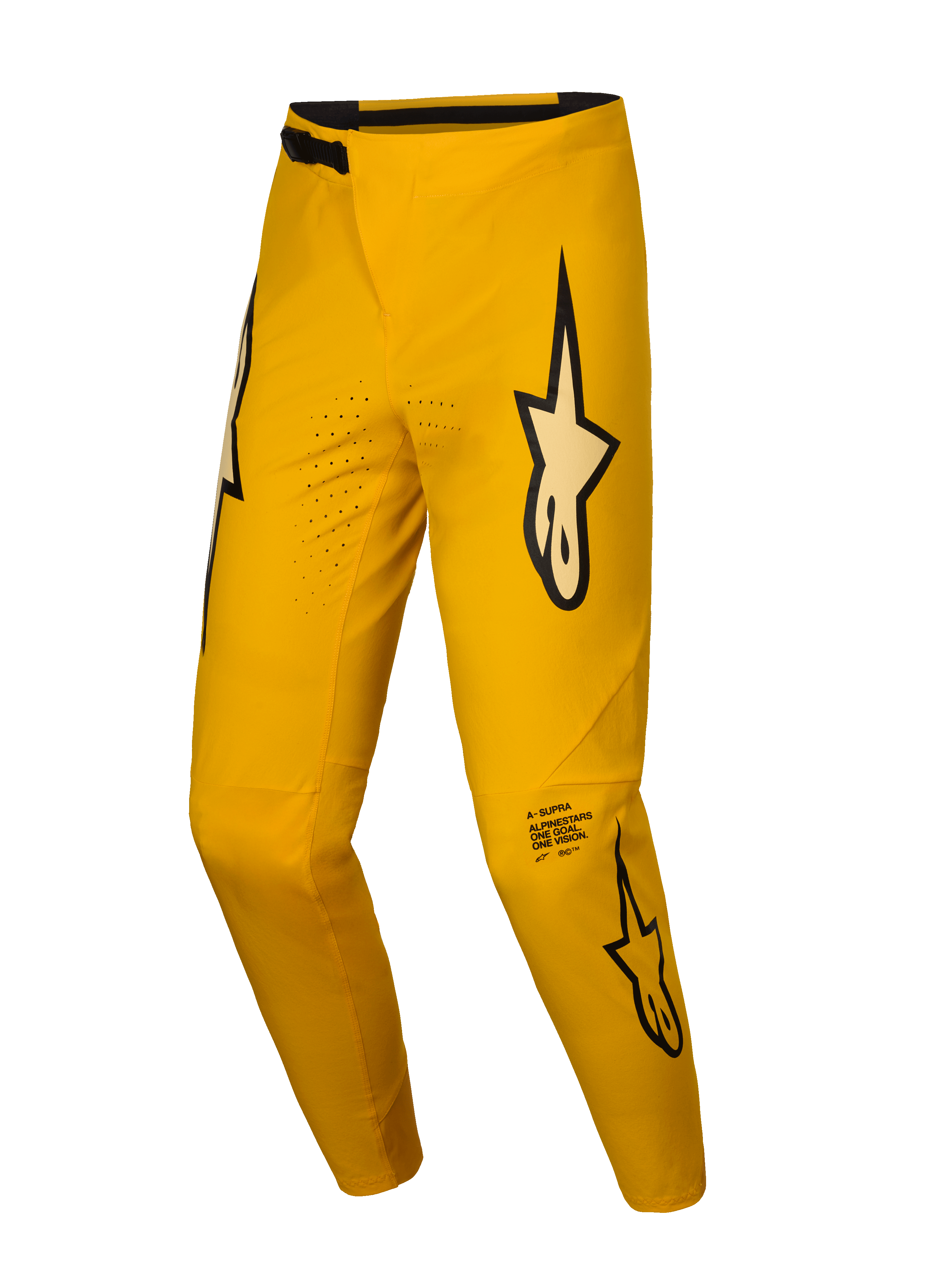 Alpinestars Limited Edition A-Supra Melt Gold Pants, MTB cycling pants in Dark Yellow, featuring laser perforations and signature branding
