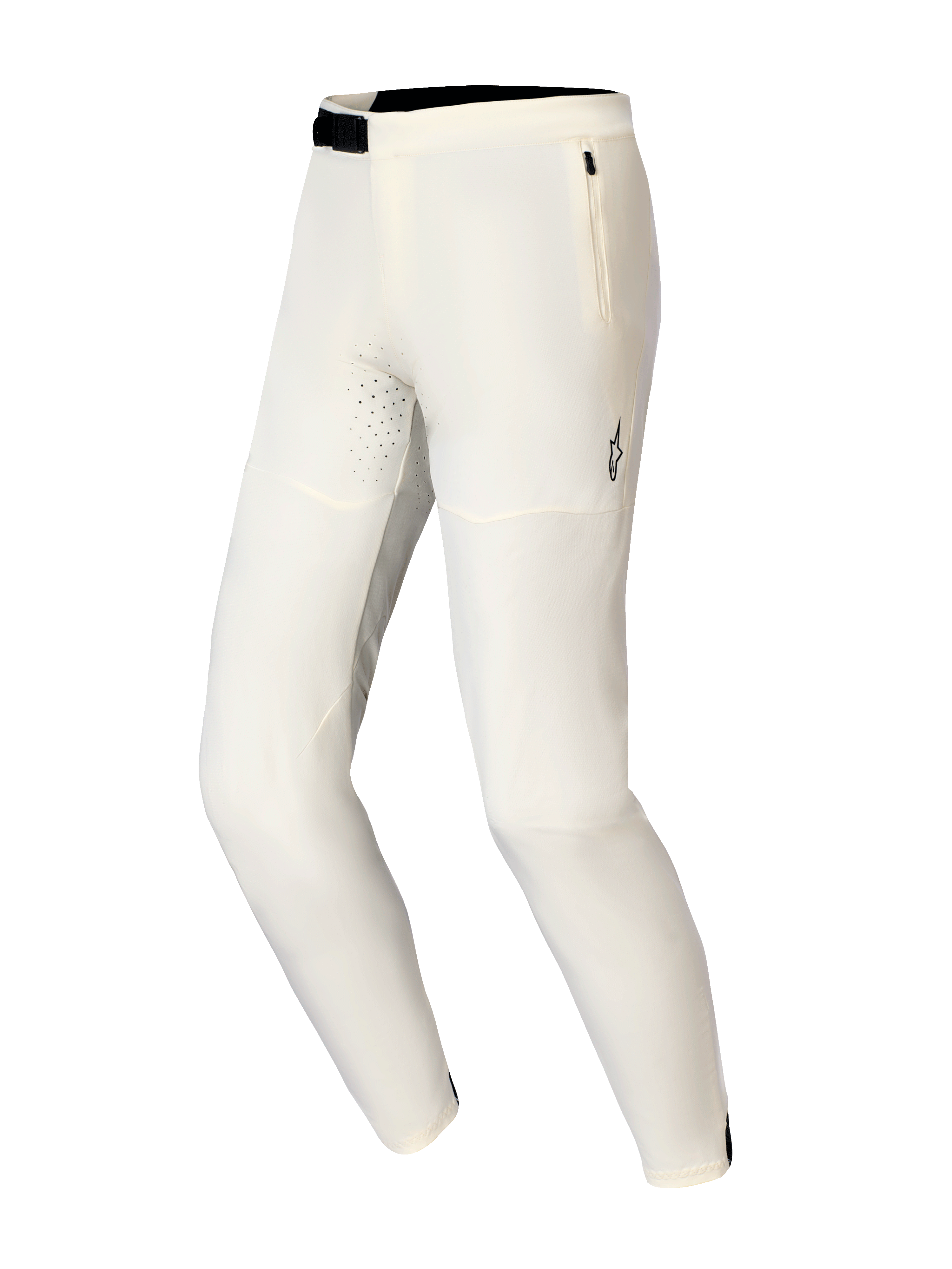 Alpinestars A-Aria Elite Pants, Mountain Bike Pants, Ecru, featuring a black magnetic buckle closure, zippered side pocket, and laser-cut ventilation holes, performance-focused design for off-road cycling