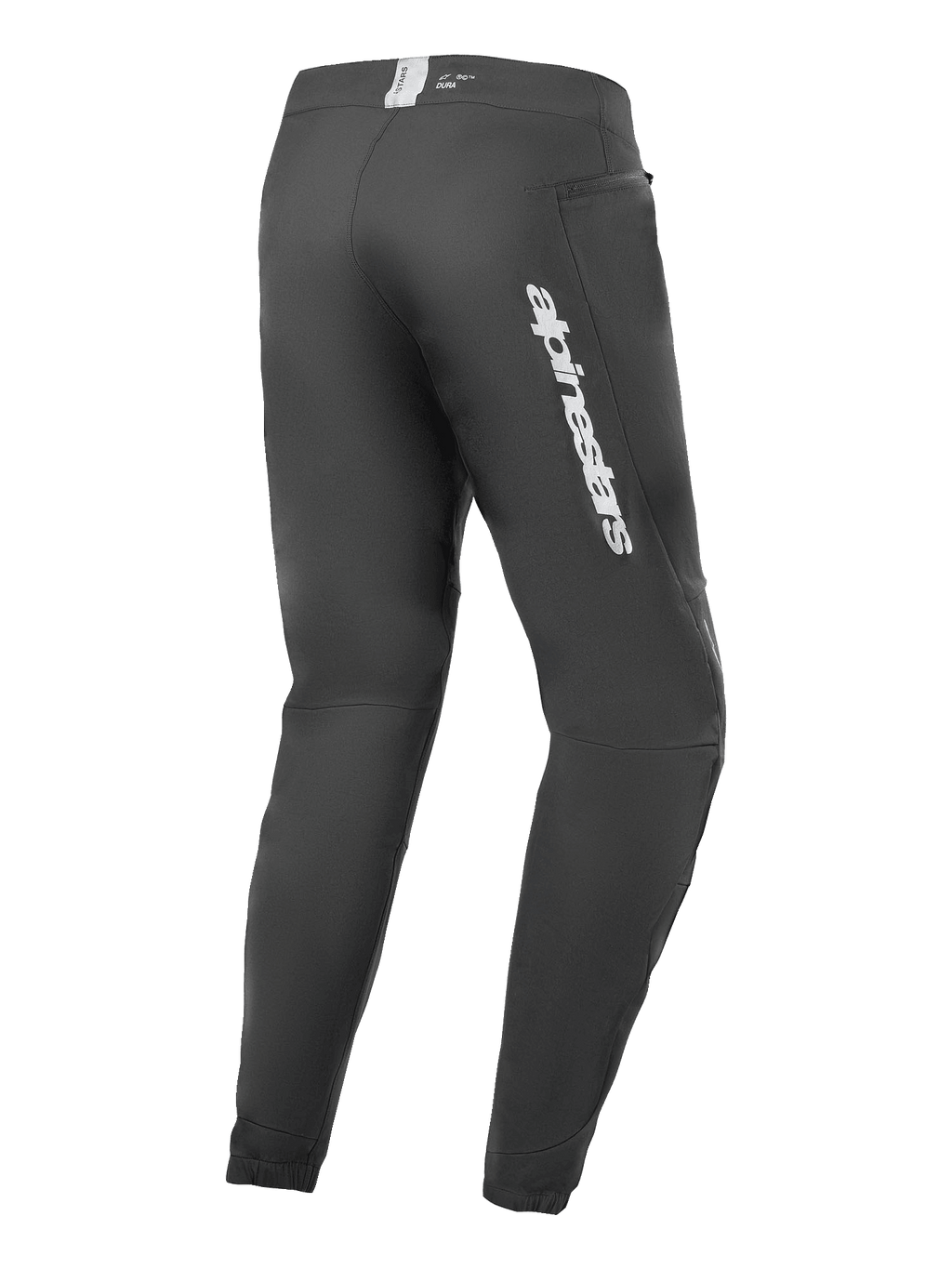 Alpinestars A-Dura Elite Pants, Mountain Bike Pants, Black, rear side view featuring silver Alpinestars branding on the thigh, zippered pocket, and elasticated cuffs, durable technical gear for MTB