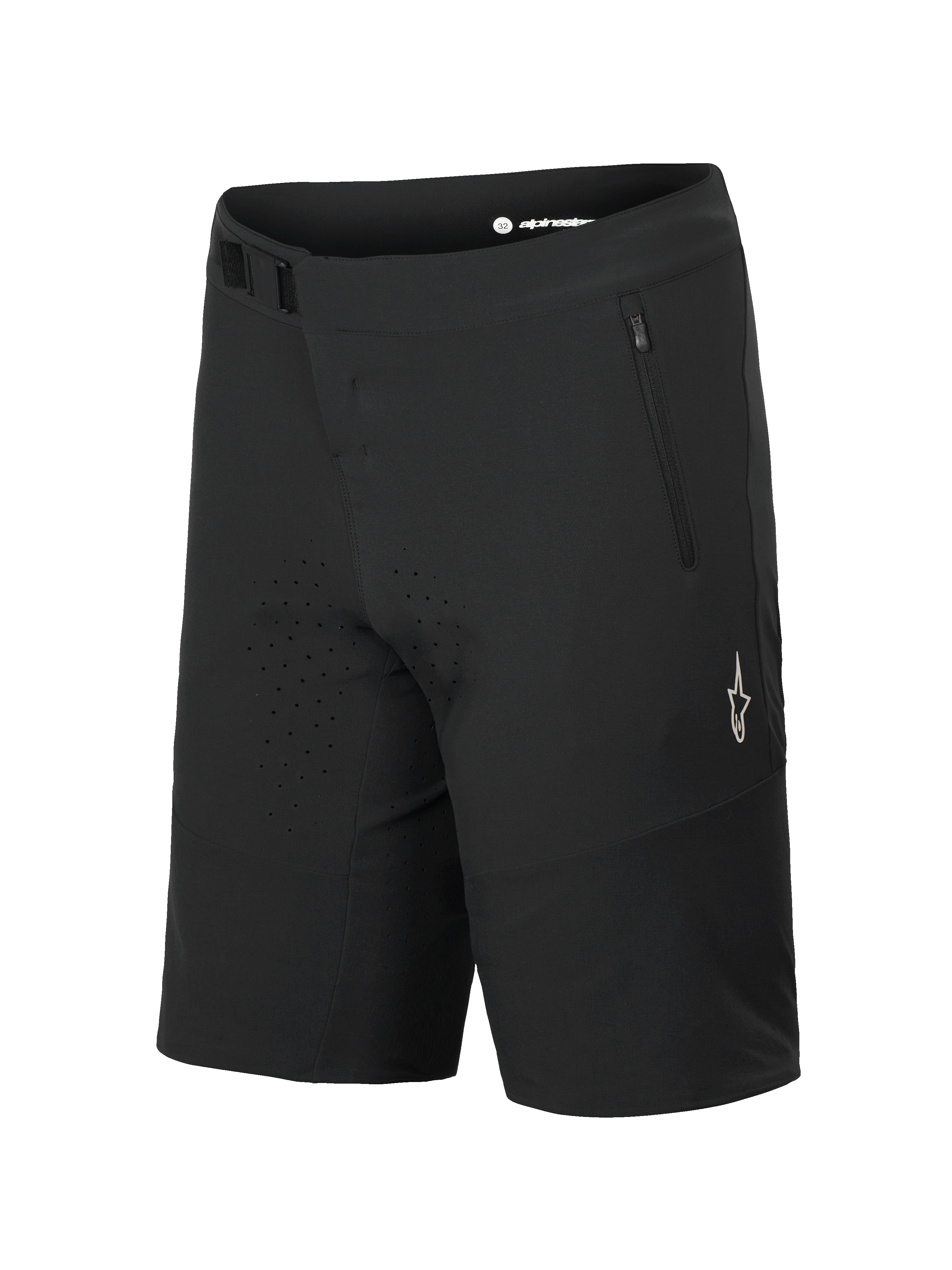 Alpinestars A-Aria Elite Shorts, Mountain Bike Shorts, Black Titanium, featuring magnetic buckle closure and zippered pocket, laser-cut ventilation holes, white A-star logo on the leg, technical apparel for trail riding