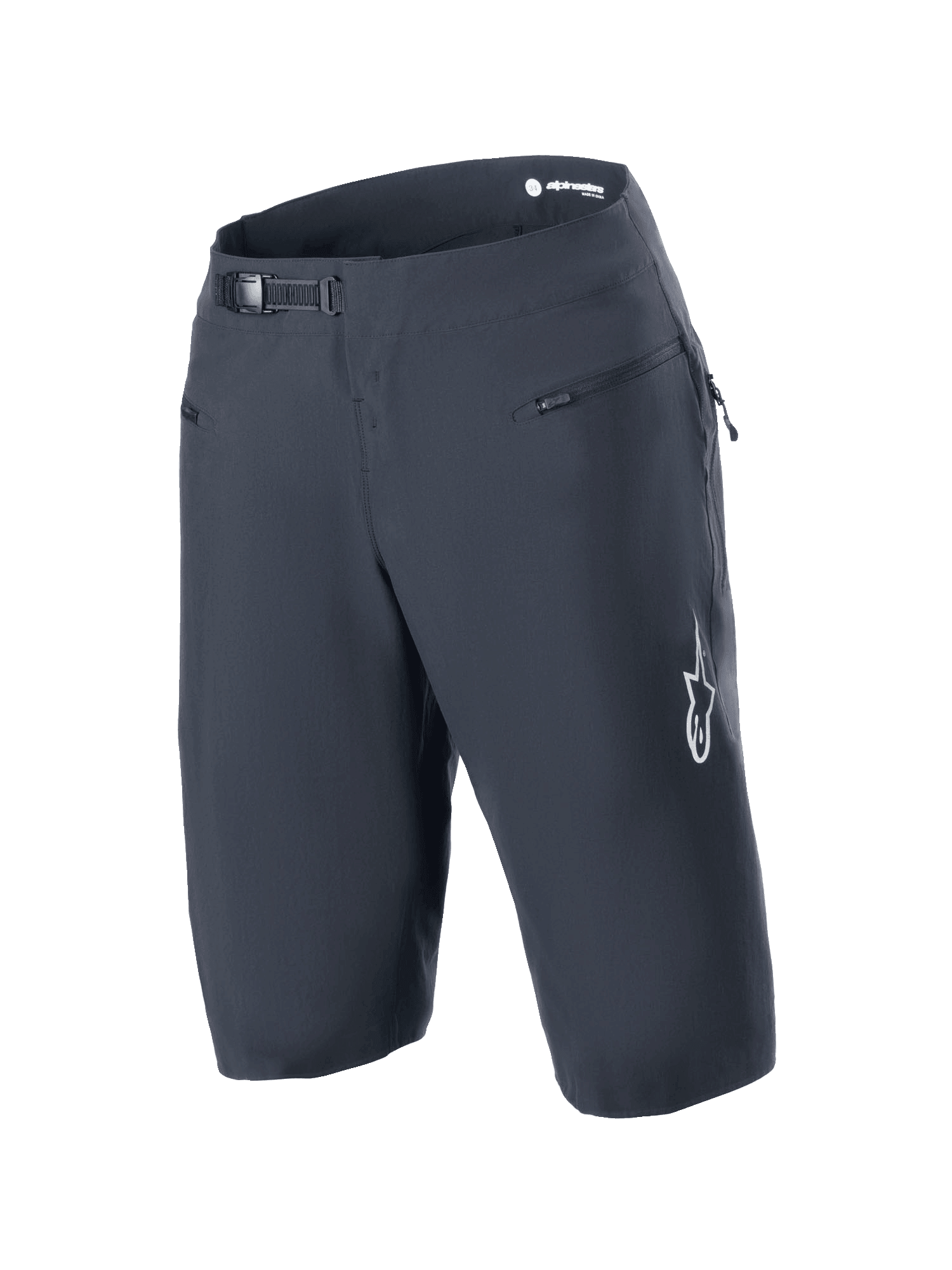 Alpinestars A-Aria Shorts, Black, Mountain Bike Shorts featuring a ratchet waist closure system and zippered front pockets, with white Astars logo on the leg, technical performance cycling apparel