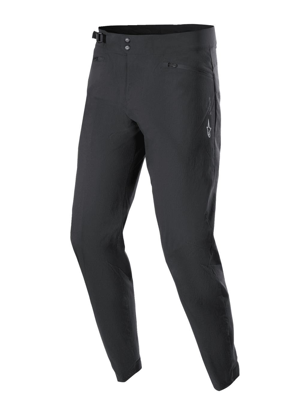Pantalon Alpinestars A-Dura, pantalon de cyclisme VTT, noir, doté d'une fermeture à double pression à la taille, d'ajusteurs latéraux, de poches zippées doublées de maille et d'un logo Astars blanc sur la cuisse, conçu pour la durabilité en tout-terrain.
