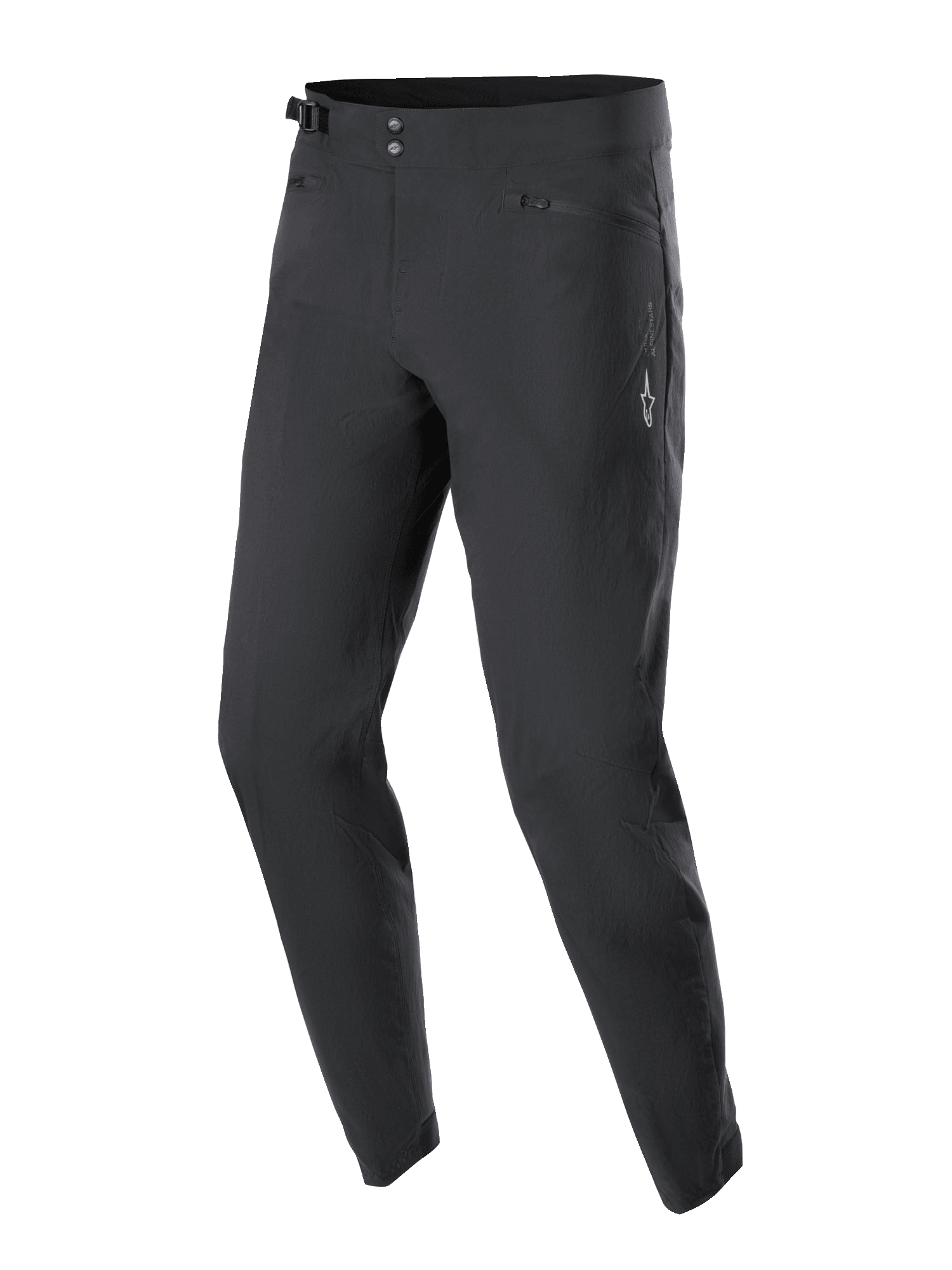 Pantalon Alpinestars A-Dura, pantalon de cyclisme VTT, noir, doté d'une fermeture à double pression à la taille, d'ajusteurs latéraux, de poches zippées doublées de maille et d'un logo Astars blanc sur la cuisse, conçu pour la durabilité en tout-terrain.