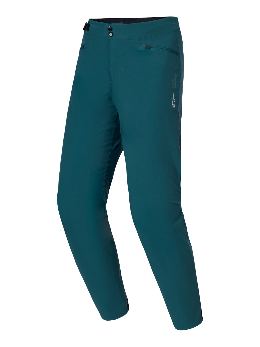 Pantalon Alpinestars A-Dura, pantalon de VTT, vert Dark Pine, doté d'une double fermeture à pression et d'ajusteurs de taille latéraux, logo étoile blanc sur la cuisse gauche, textile extensible 2 directions durable pour le VTT
