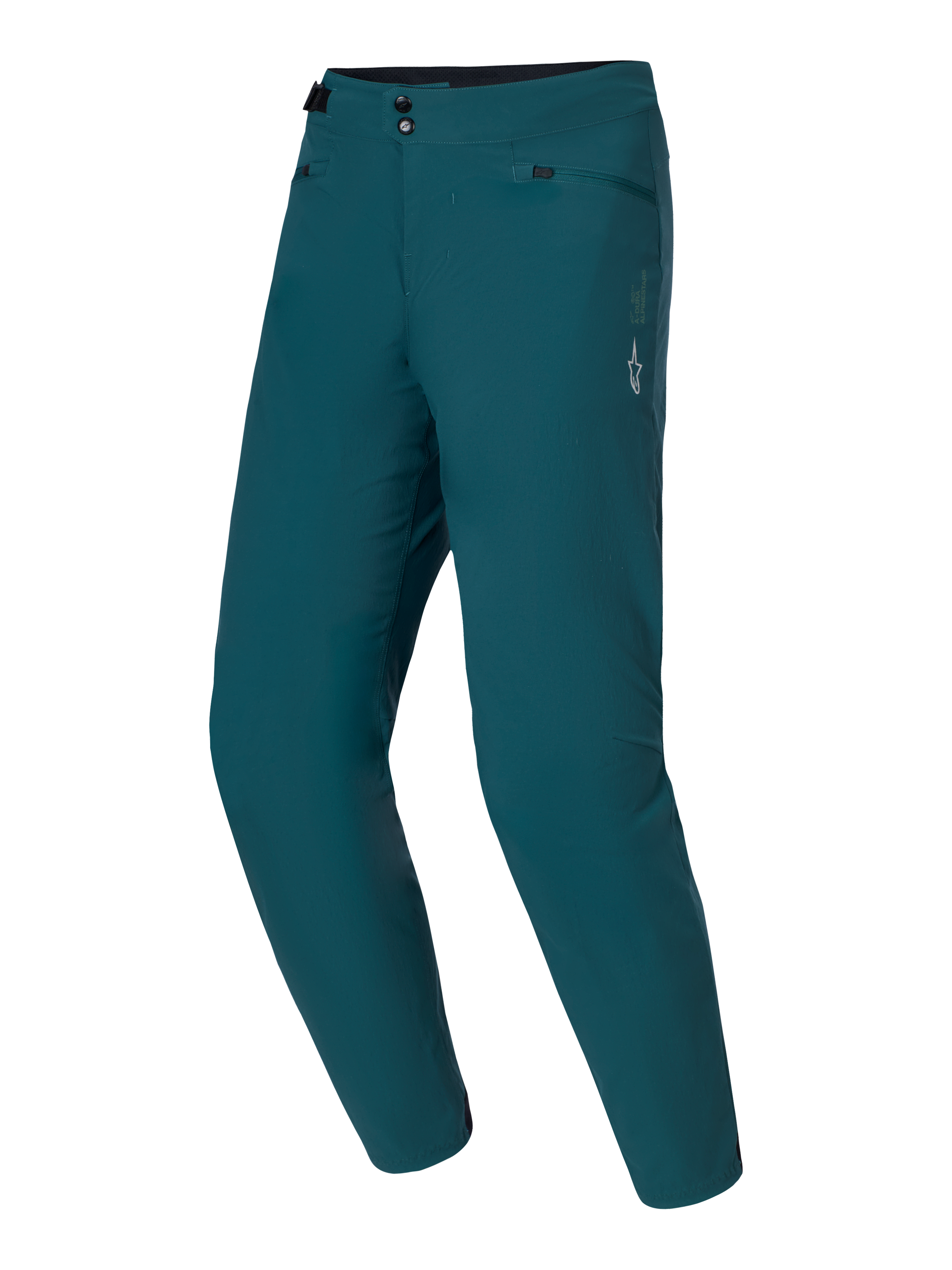 Pantalon Alpinestars A-Dura, pantalon de VTT, vert Dark Pine, doté d'une double fermeture à pression et d'ajusteurs de taille latéraux, logo étoile blanc sur la cuisse gauche, textile extensible 2 directions durable pour le VTT