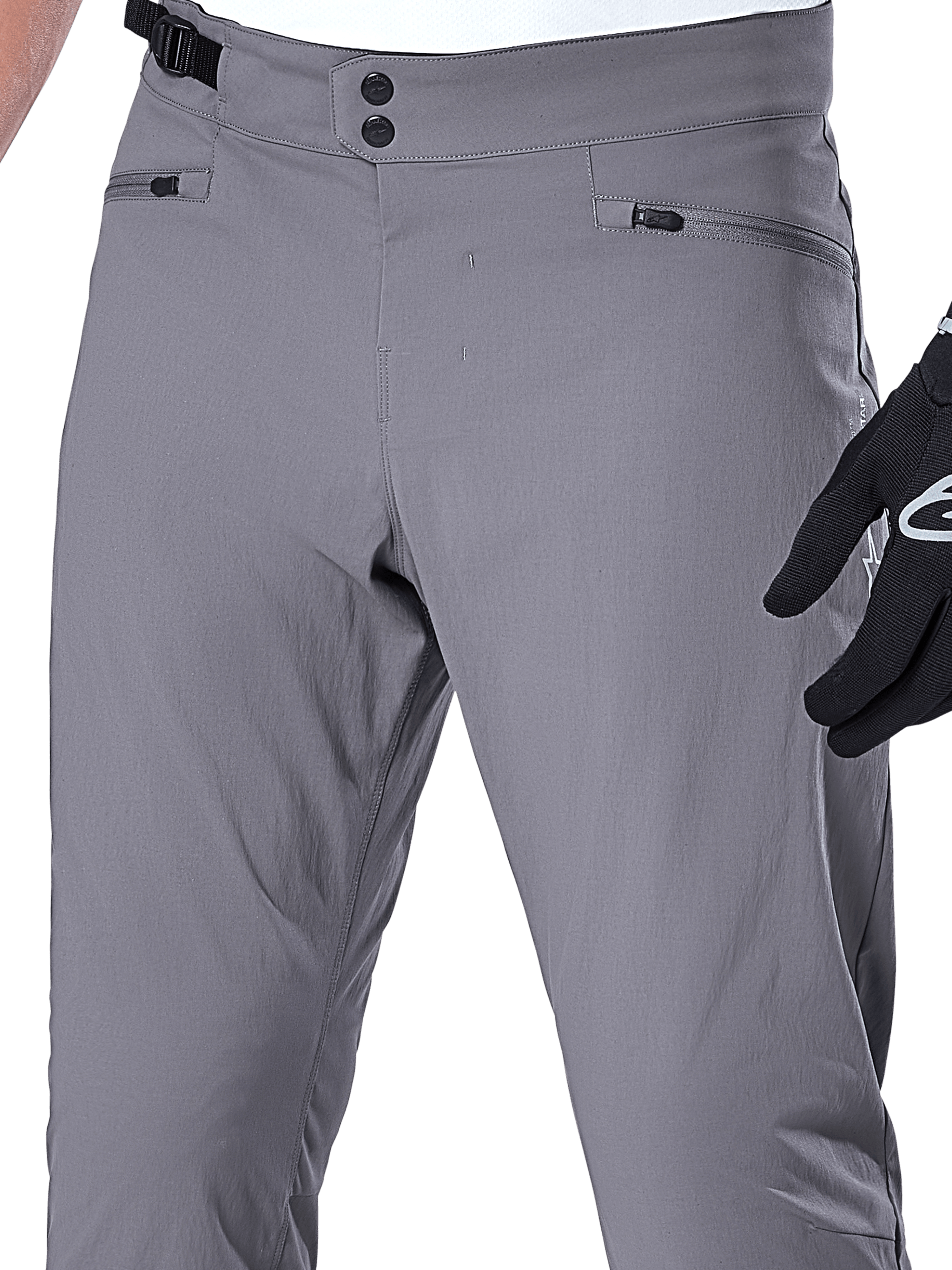 Alpinestars A-Dura Pants, MTB Pants, Dark Gray, close-up of the waist area featuring double snap closure, adjustable side cinch, and zippered pockets, durable stretch fabric for mountain biking
