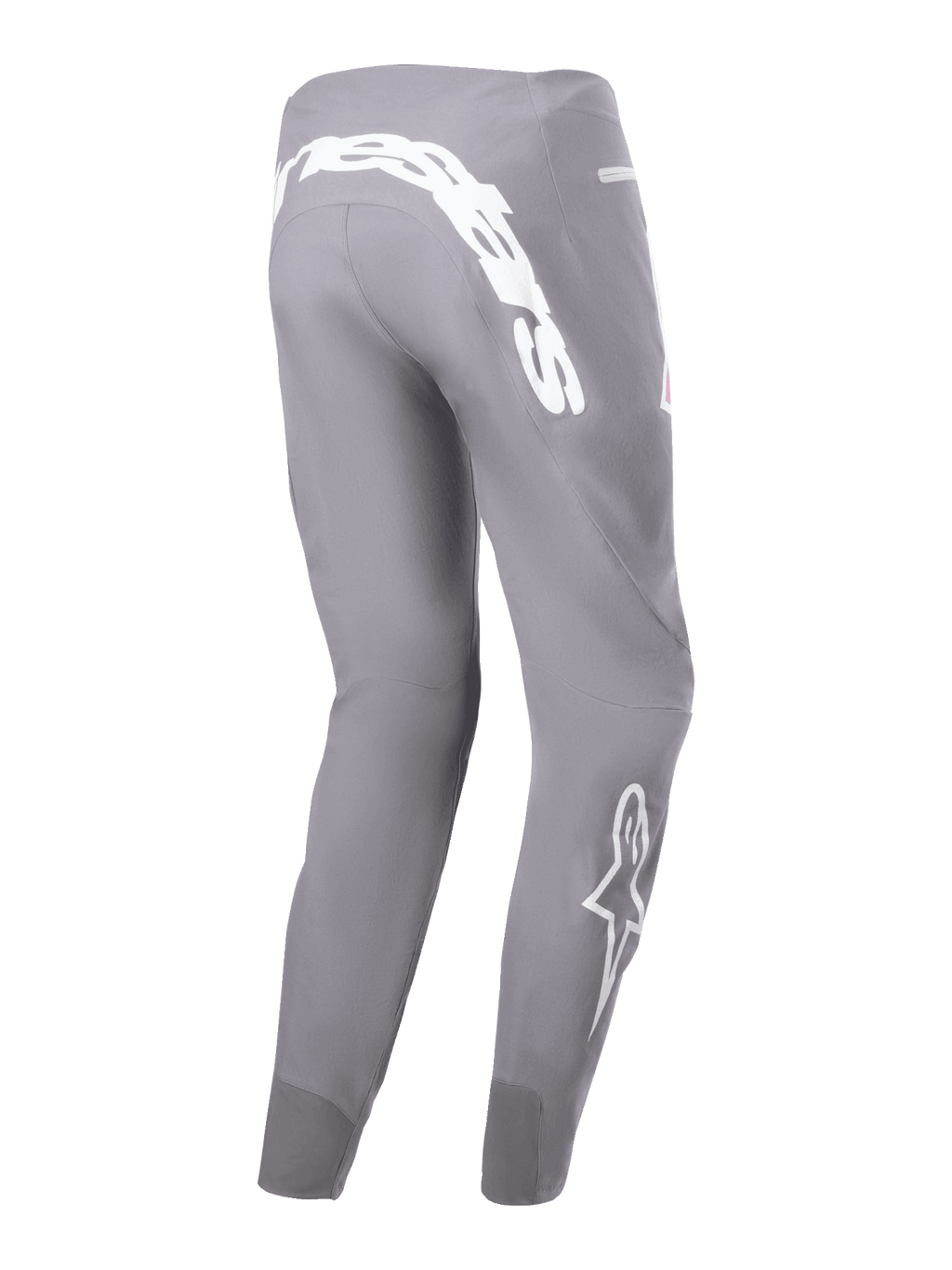 Alpinestars A-Supra Race Pants, pantalon de course VTT, gris foncé, avec un grand logo blanc sur l'empiècement arrière et un logo étoile blanc sur le bas de la jambe, coupe performance ajustée avec tissu extensible 4 directions, équipement de cyclisme tout-terrain durable.