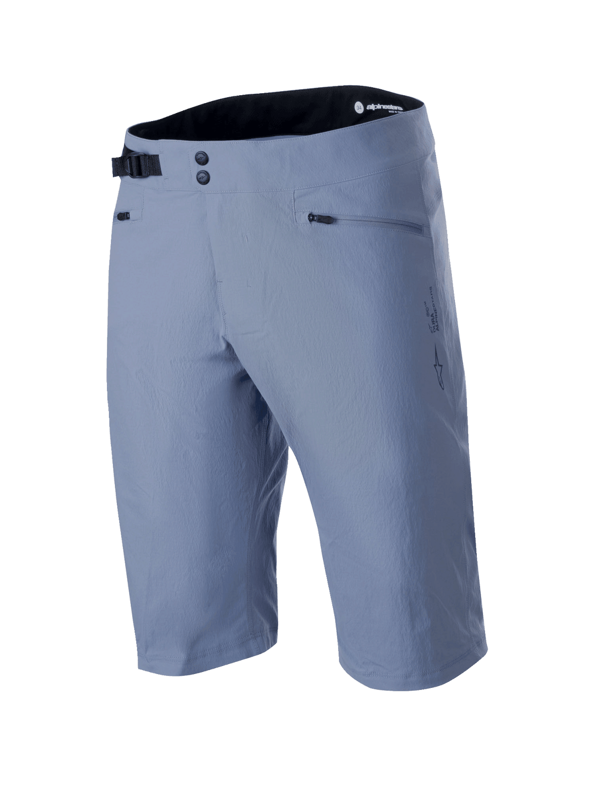 Alpinestars A-Dura Shorts, Mountain Bike Shorts, Infinity Blue, featuring double snap front closure, adjustable black side cinch buckle, zippered pockets, and textured 2-way stretch fabric, technical MTB apparel