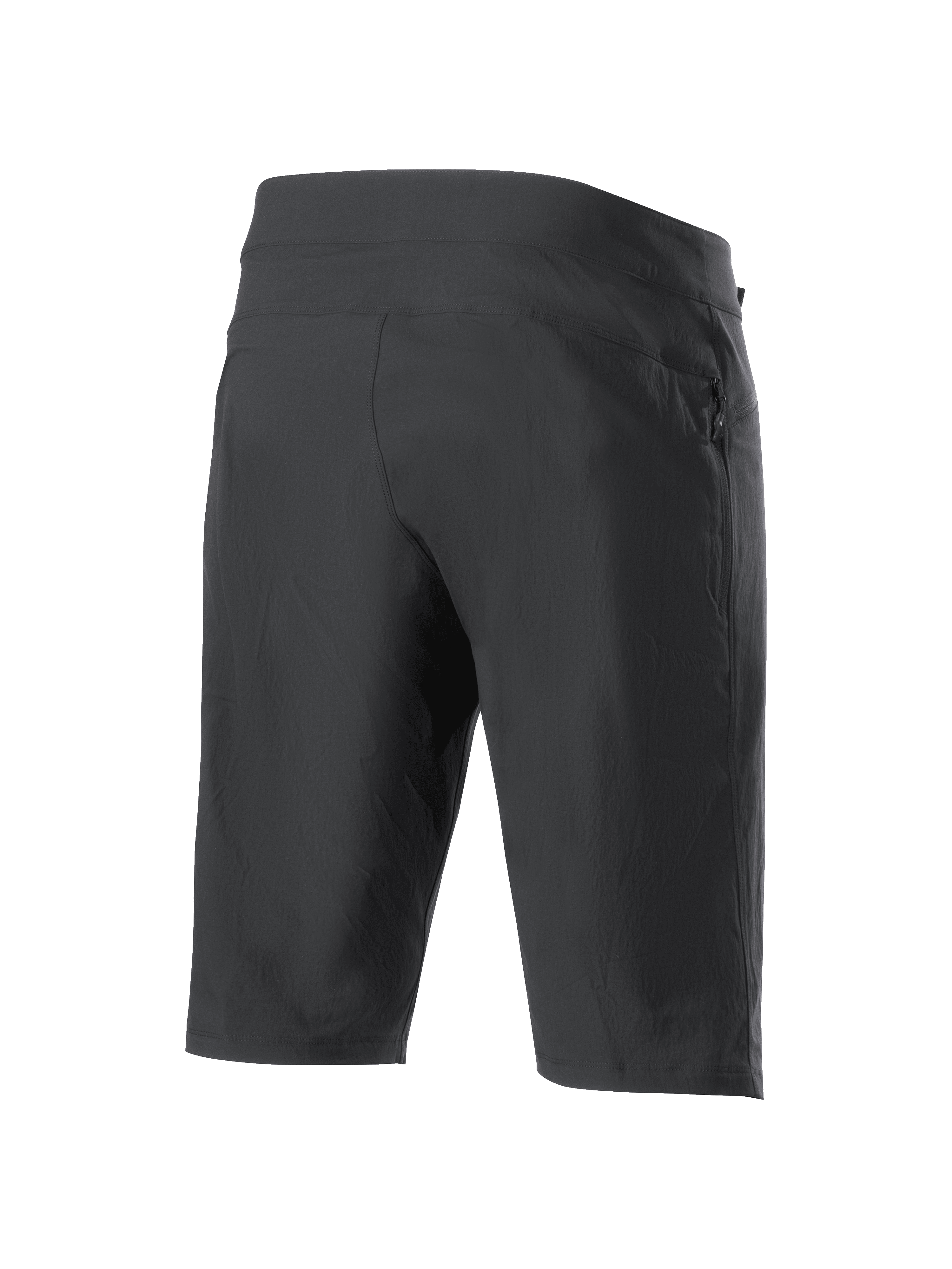 Short Liner Alpinestars A-Dura, short de VTT noir, vue arrière de trois-quarts, doté d'une poche latérale zippée, d'un tissu extensible résistant et d'un design athlétique profilé pour le cyclisme tout-terrain