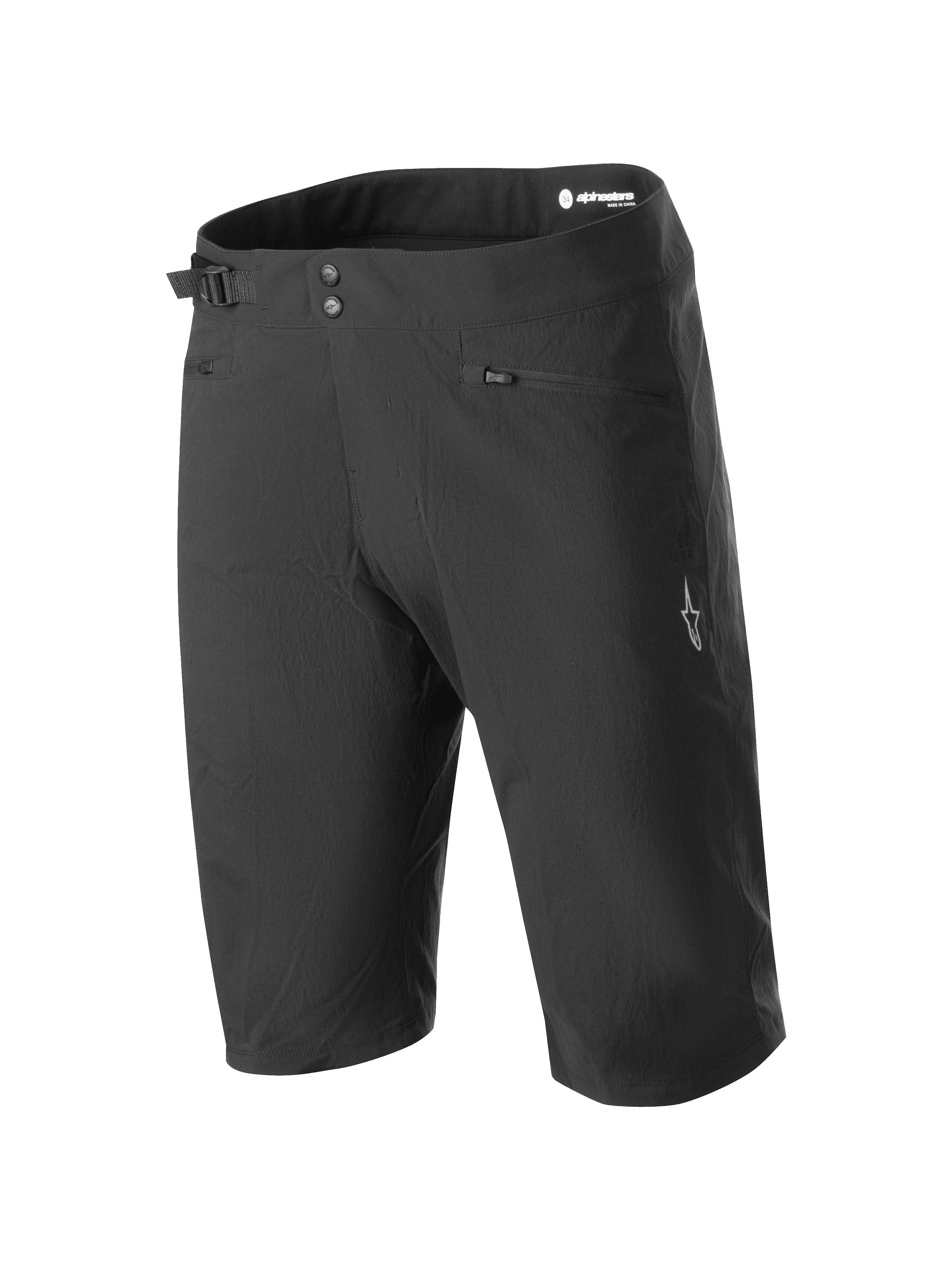 Short Liner Alpinestars A-Dura, short de VTT noir, fermeture à double pression avec ajustement latéral de la taille, poches zippées pour les mains, logo étoile blanc sur la jambe, tissu durable et extensible pour la pratique du VTT