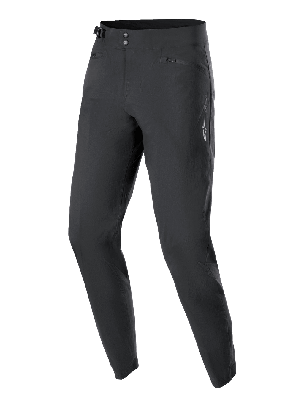 Pantalon Stella A-Dura Alpinestars pour femme, pantalon de cyclisme VTT, noir, doté d'une double fermeture à pression à l'avant, d'un ajusteur de taille latéral et de poches zippées, design minimaliste avec un petit logo étoile blanc, tissu extensible 2 directions durable pour le tout-terrain