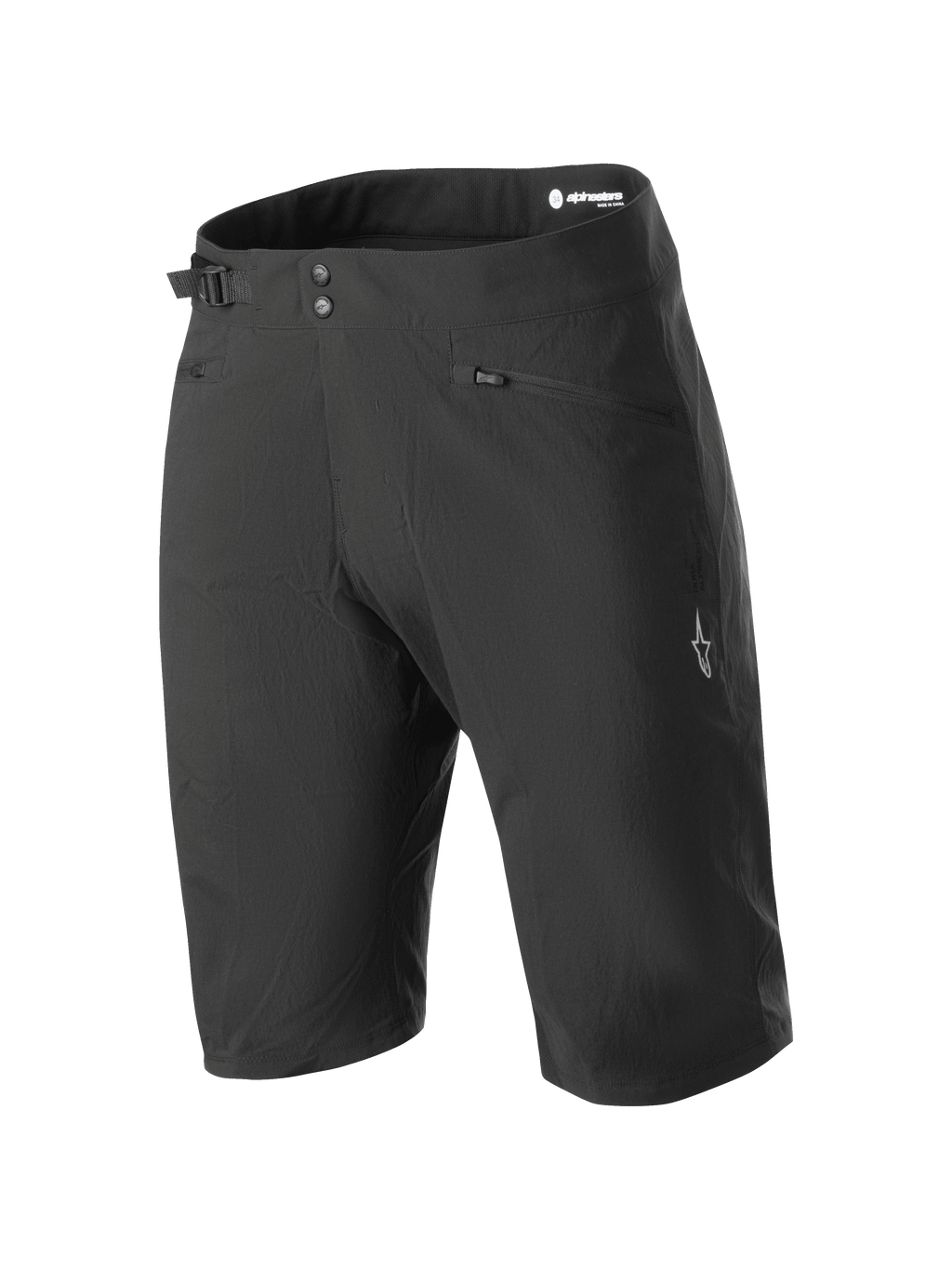 Alpinestars Stella A-Dura Liner Shorts, short de VTT pour femme, noir, longueur genou avec double fermeture à pression et ajusteur latéral, poches zippées et logo étoile blanc sur la jambe, tissu extensible 2 directions durable pour le VTT