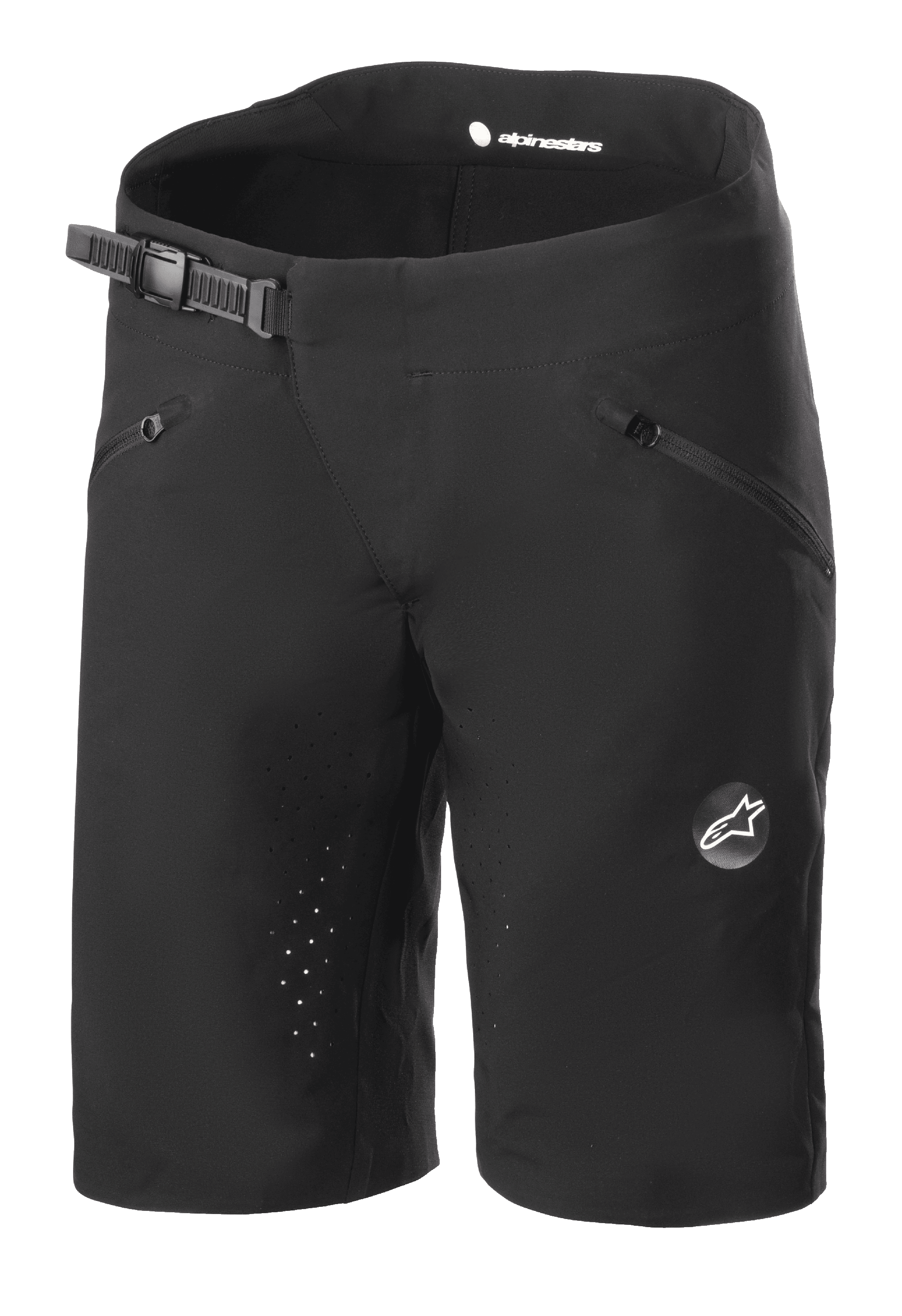 Short de VTT Alpinestars Stella Drop Algorithm pour femme, noir, avec fermeture à cliquet à la taille, poches avant zippées, perforations laser pour la ventilation, tissu technique léger et logo Alpinestars sur la jambe