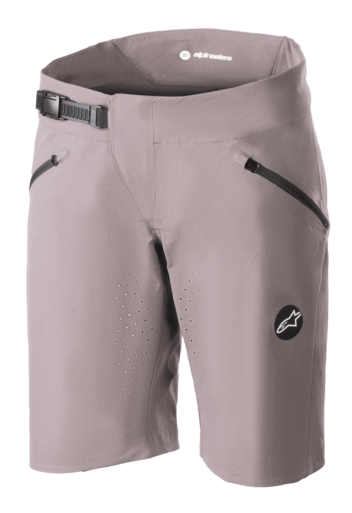 Short Alpinestars Stella Drop Algorithm pour femme, short de VTT, gris Sparrow, avec fermeture à cliquet noire à la taille, poches avant zippées, perforations laser pour la ventilation et logo circulaire, équipement de cyclisme haute performance