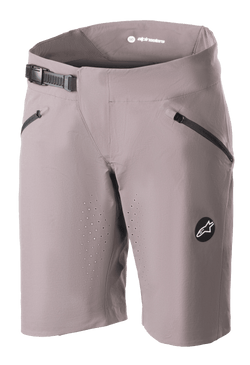 Alpinestars Women's Stella Drop Algorithm Shorts, MTB Mountain Biking Shorts, Sparrow Gray, featuring black ratchet waistband closure, zippered front pockets, laser-perforated ventilation holes, and circular logo emblem, performance cycling gear