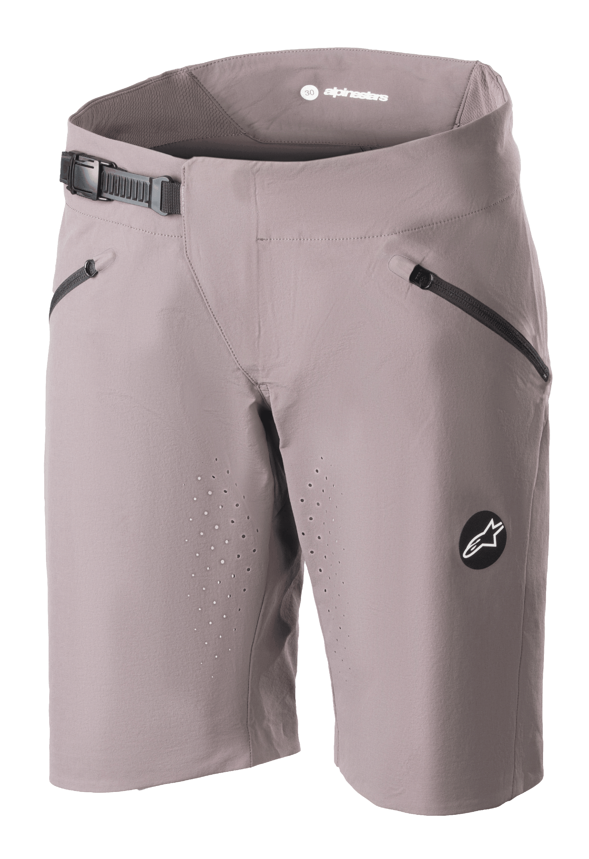 Alpinestars Women's Stella Drop Algorithm Shorts, MTB Mountain Biking Shorts, Sparrow Gray, featuring black ratchet waistband closure, zippered front pockets, laser-perforated ventilation holes, and circular logo emblem, performance cycling gear