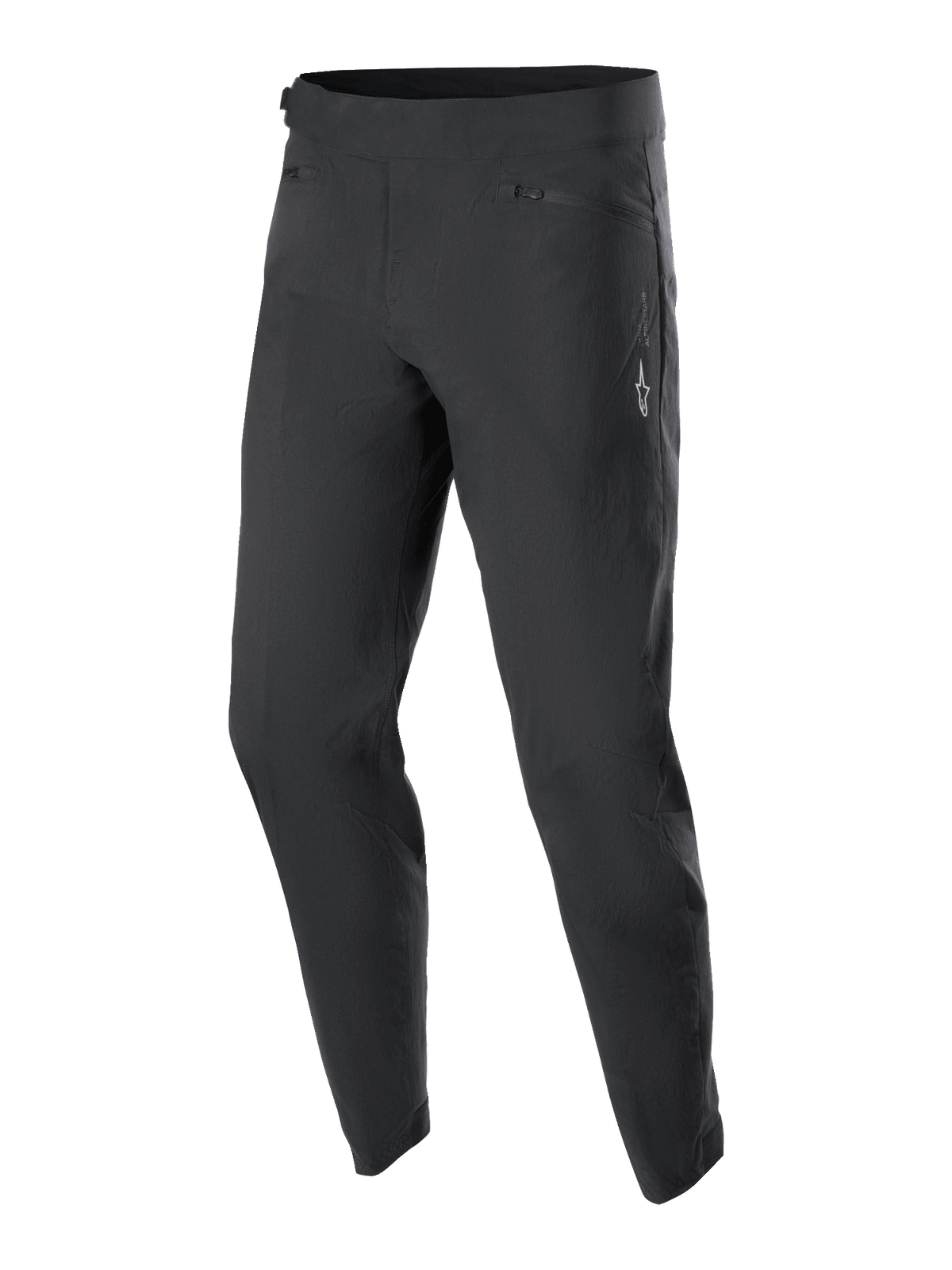 Alpinestars Youth A-Dura Pants, pantalon de VTT, noir, doté de deux poches avant zippées et d'un petit logo Alpinestars blanc sur la cuisse gauche, coupe fuselée, textile extensible durable pour le VTT junior