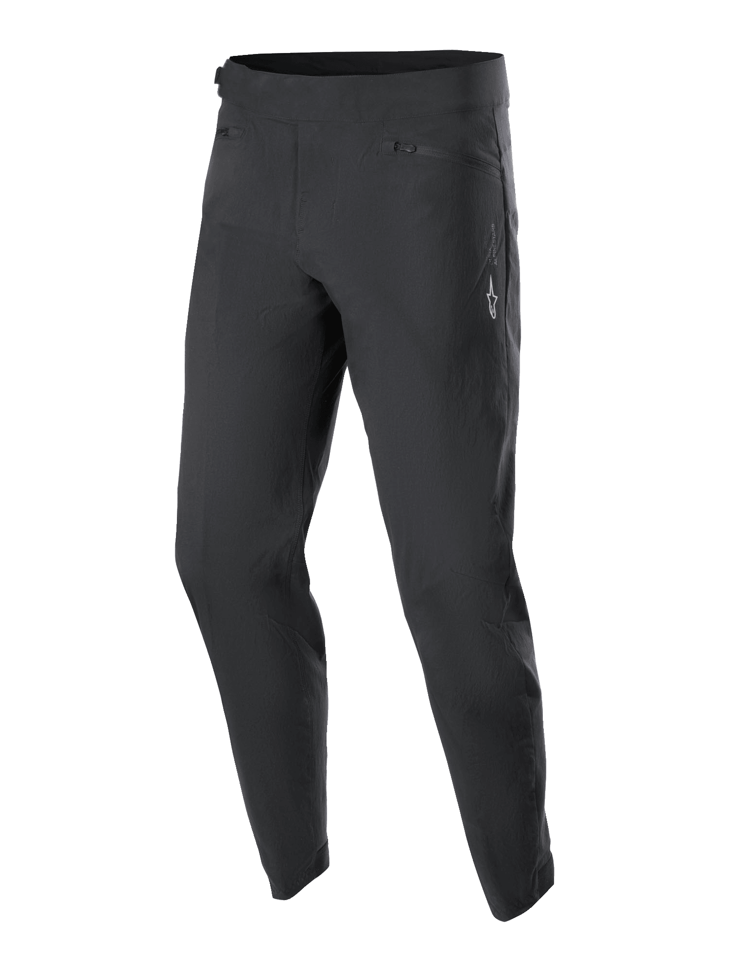 Alpinestars Youth A-Dura Pants, pantalon de VTT, noir, doté de deux poches avant zippées et d'un petit logo Alpinestars blanc sur la cuisse gauche, coupe fuselée, textile extensible durable pour le VTT junior