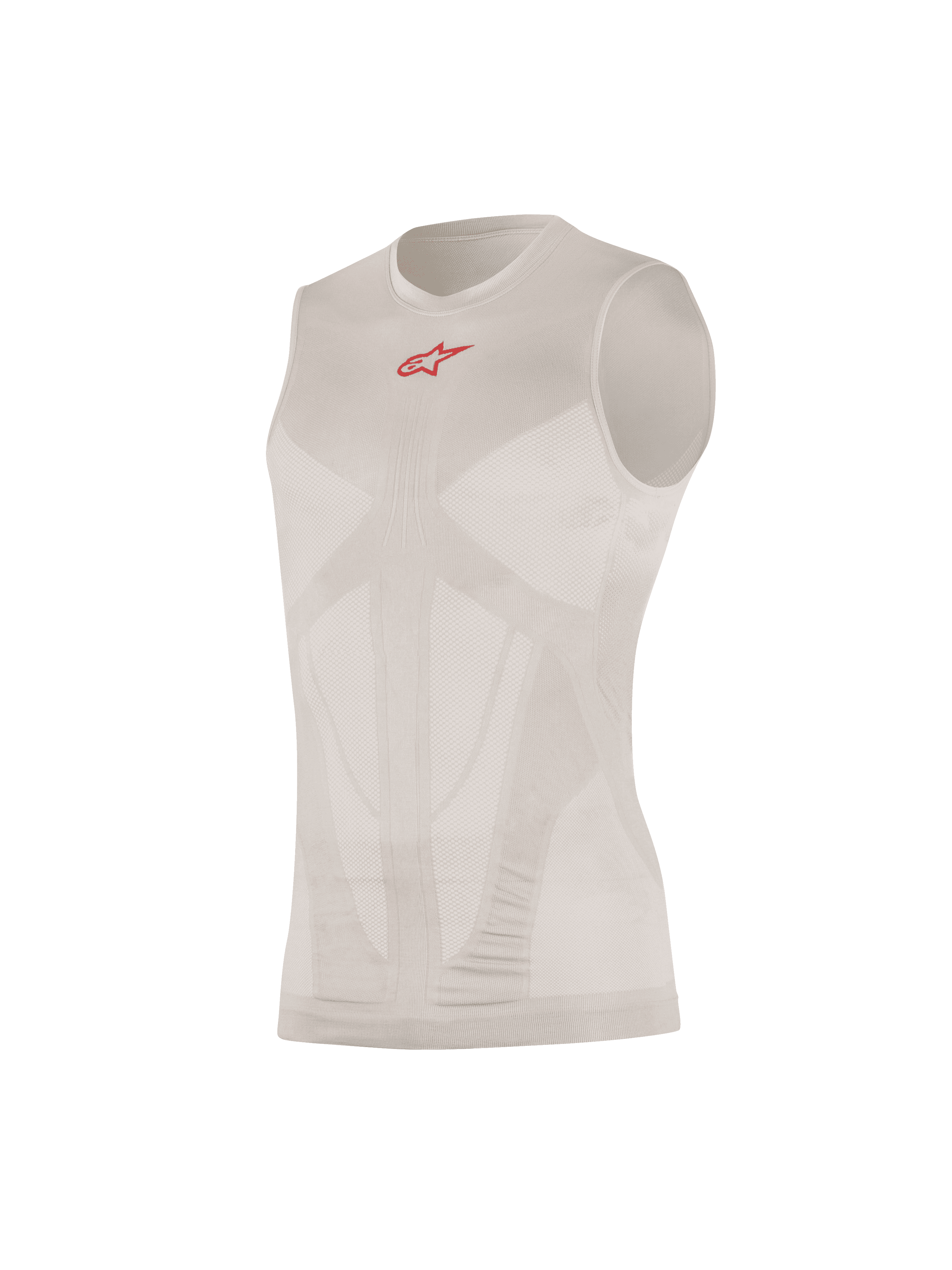 Alpinestars Tech Tank Summer, couche de base sans manches, Silver Red, avec un petit logo rouge sur la poitrine, des empiècements de ventilation en mesh cartographiés, une construction tubulaire sans couture et un tricot technique ultra-léger.
