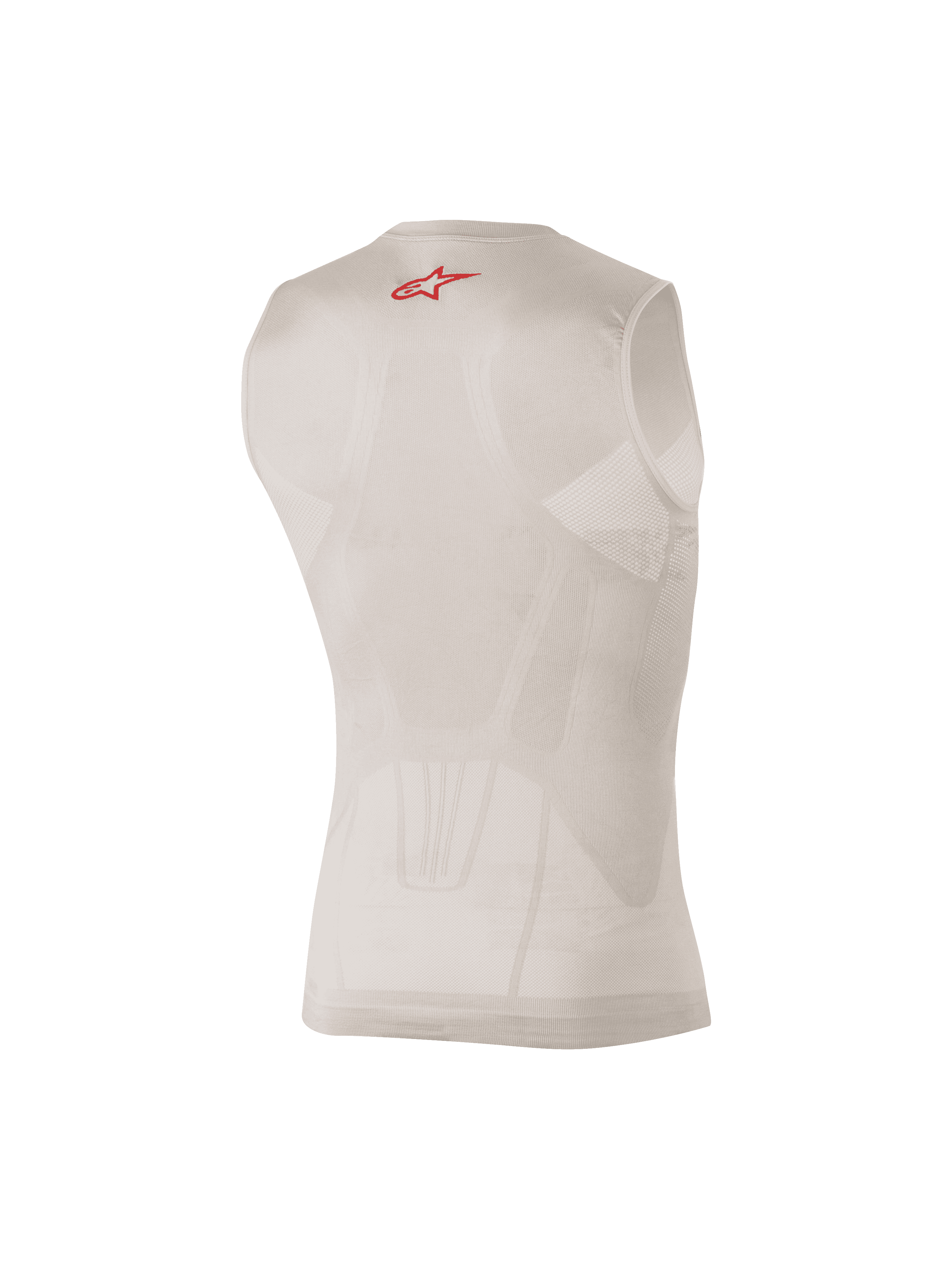 Alpinestars Tech Tank Summer, Silver and Red sleeveless base layer, rear view showing body-mapped mesh panels and a small red logo on the upper back, designed for moisture-wicking and cooling under motocross or MTB gear.