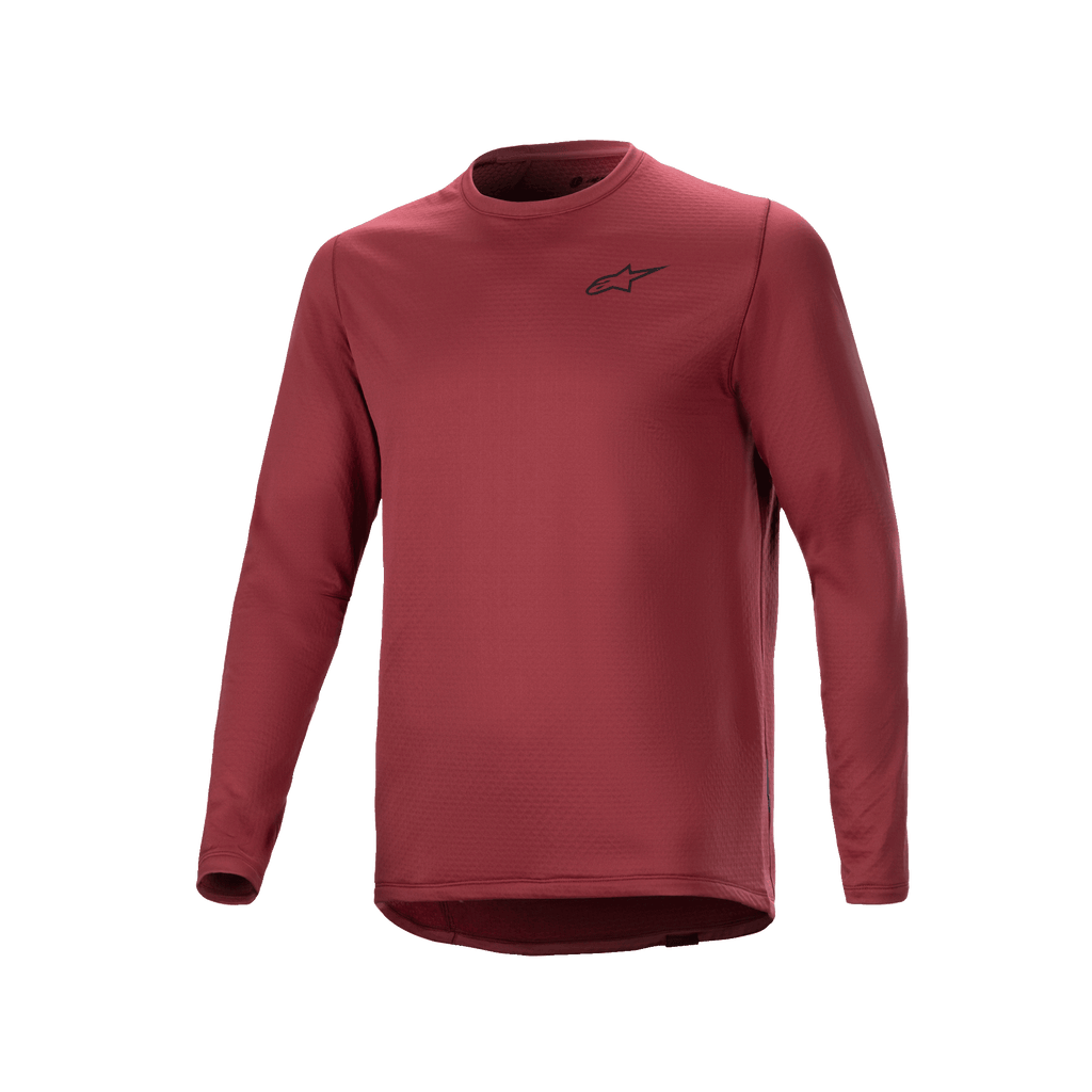 Maillot thermique Alpinestars A-Dura, maillot de cyclisme à manches longues, bordeaux, tissu isolant texturé avec petit logo étoile noir sur la poitrine, pan arrière allongé pour la pratique du VTT