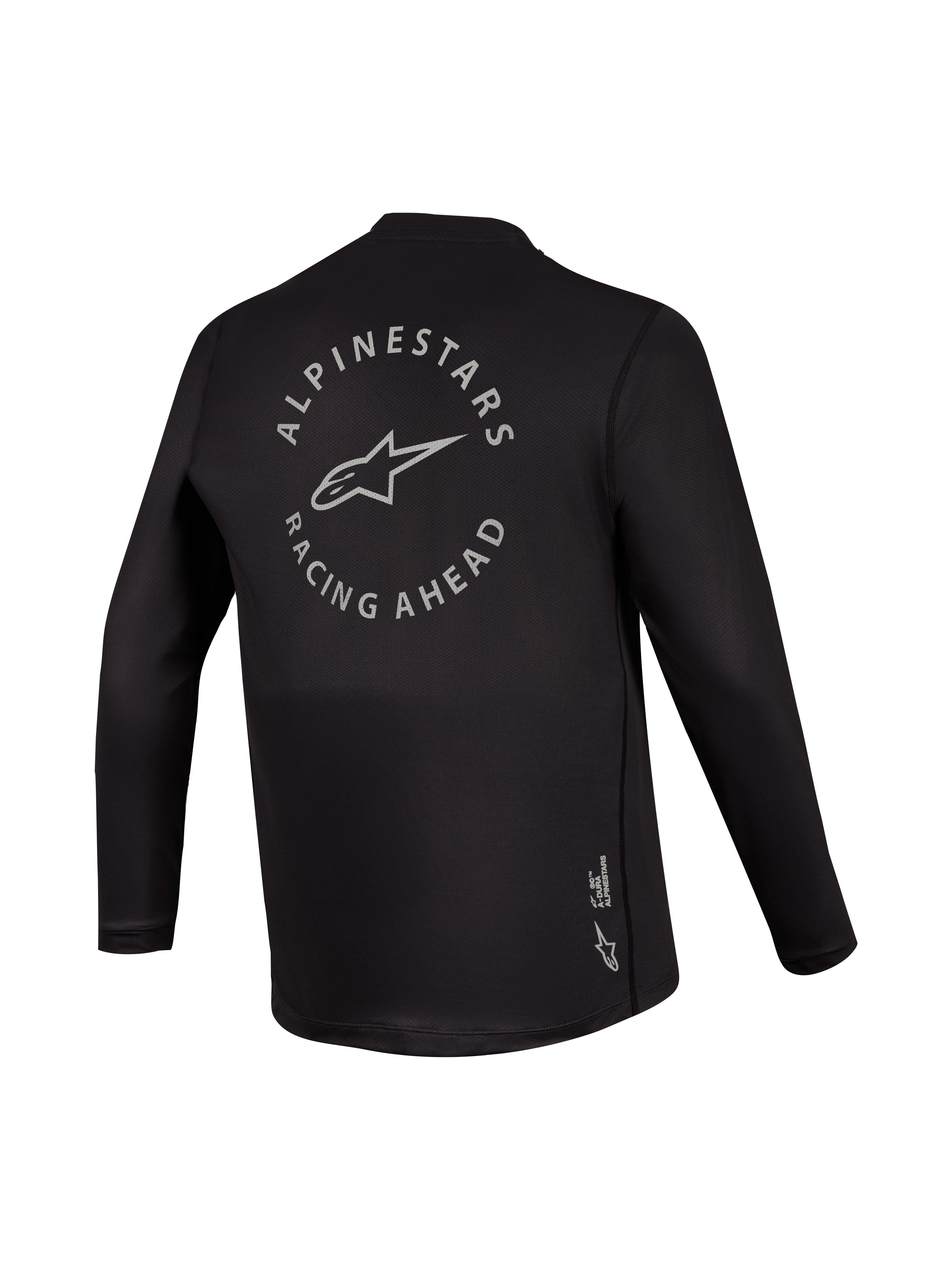 Maillot manches longues A-Dura Air noir, vue arrière avec graphique gris Racing Ahead, équipement VTT respirant.