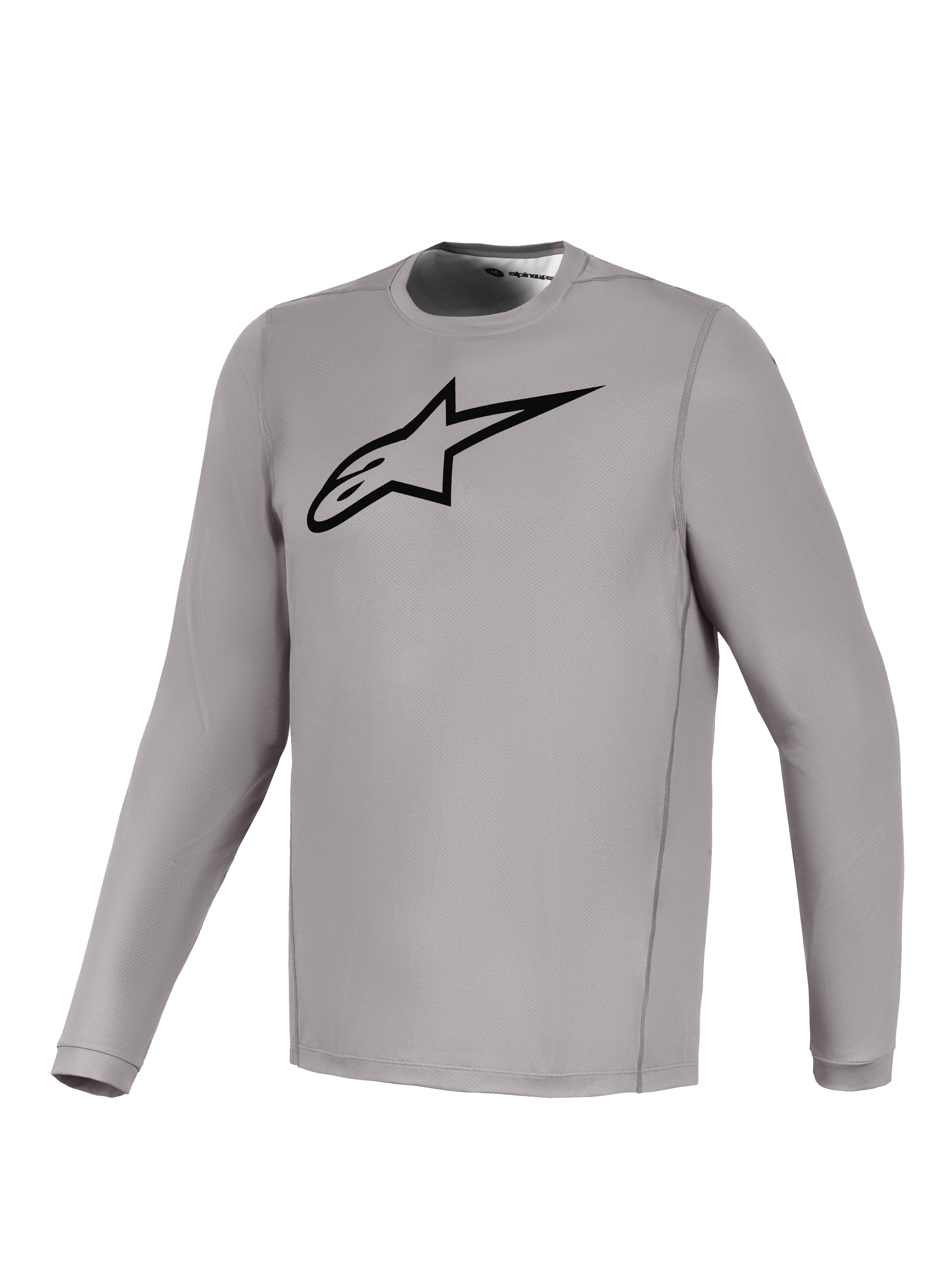 Alpinestars Gray A-Dura Ride Long Sleeve Jersey with a black chest logo, breathable stretch fabric for mountain biking.