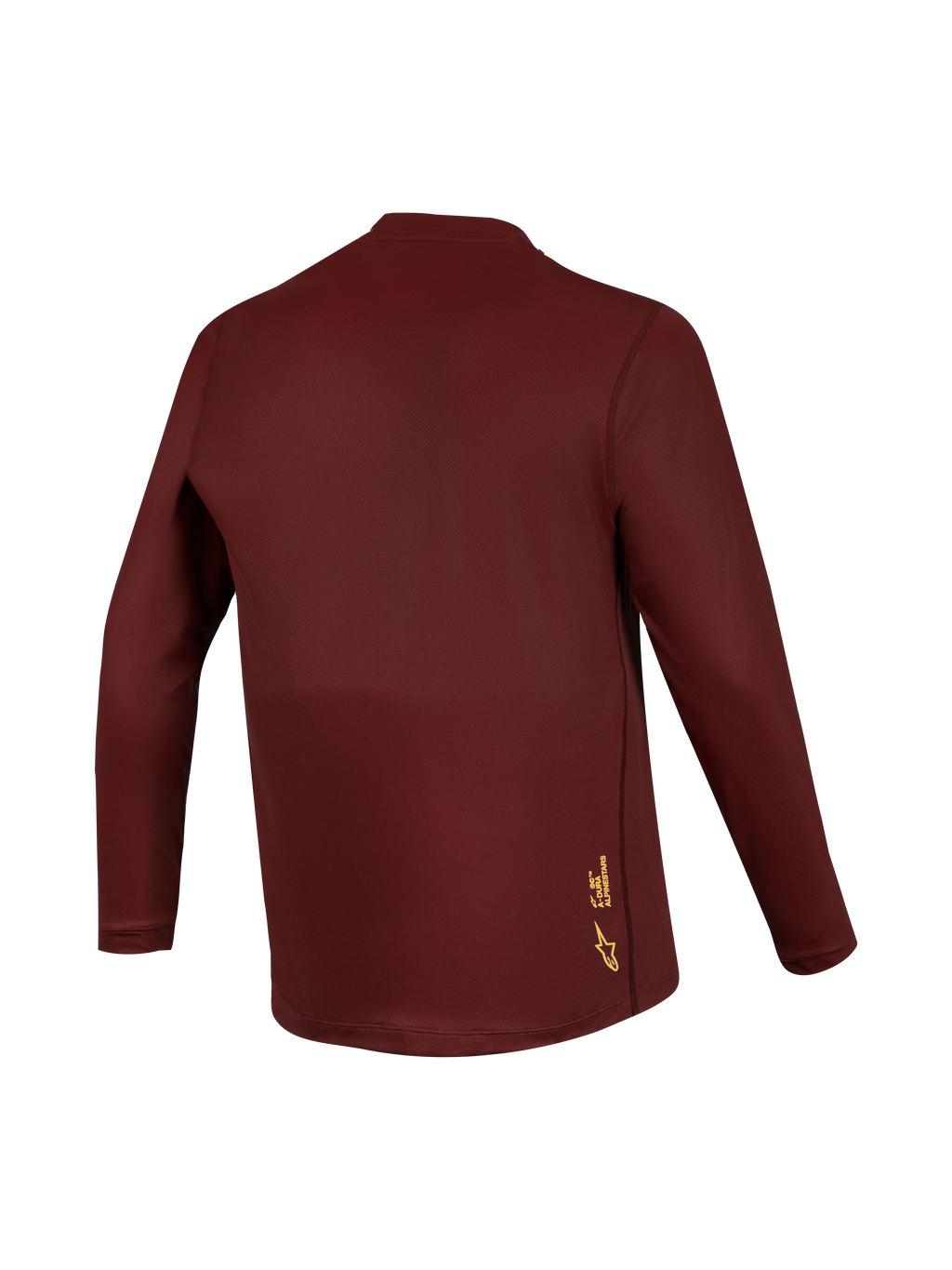 Maillot A-Dura Ride manches longues bordeaux, tissu jacquard haute performance et logo jaune Alpinestars au dos.