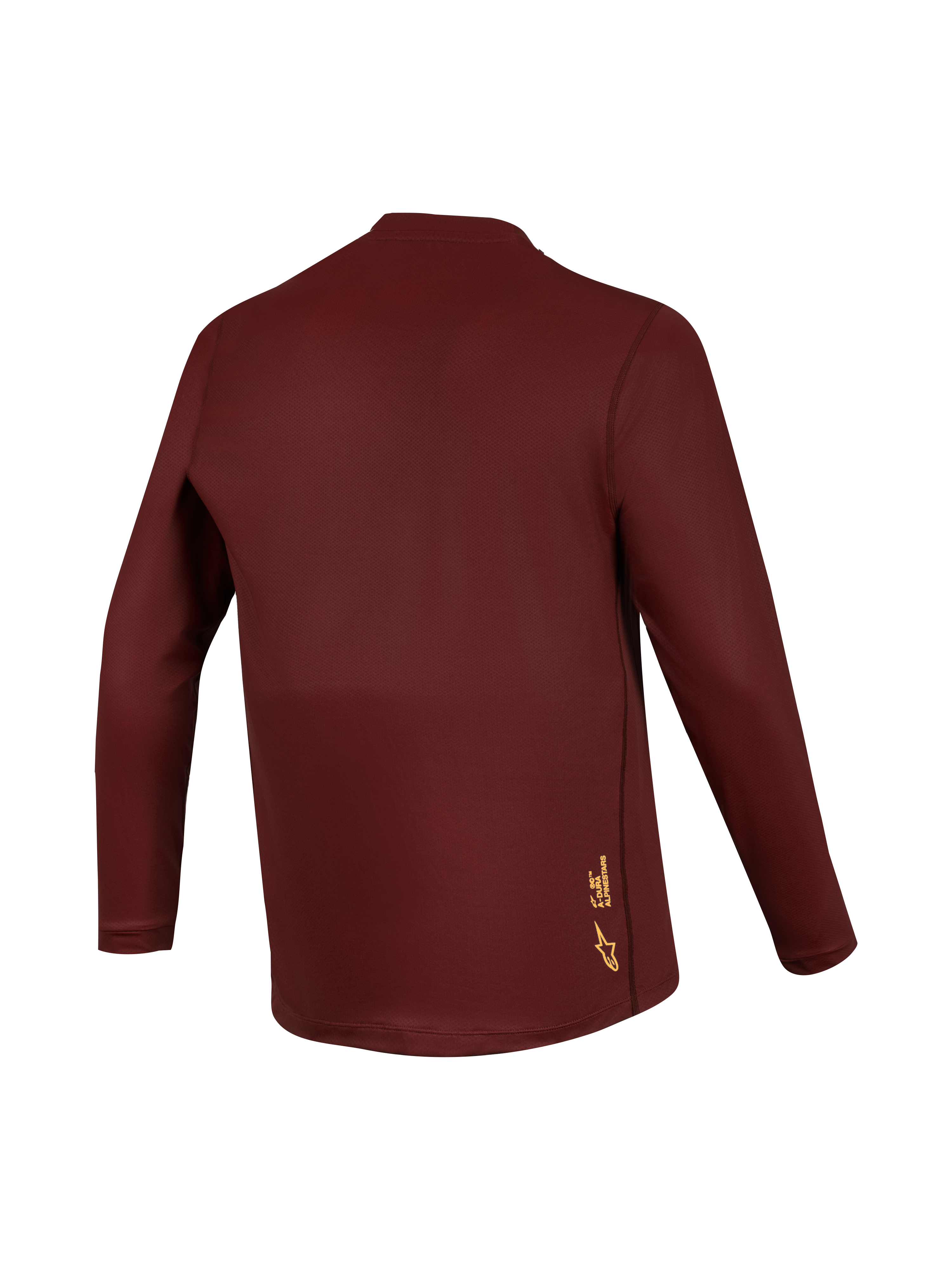 Maillot A-Dura Ride manches longues bordeaux, tissu jacquard haute performance et logo jaune Alpinestars au dos.