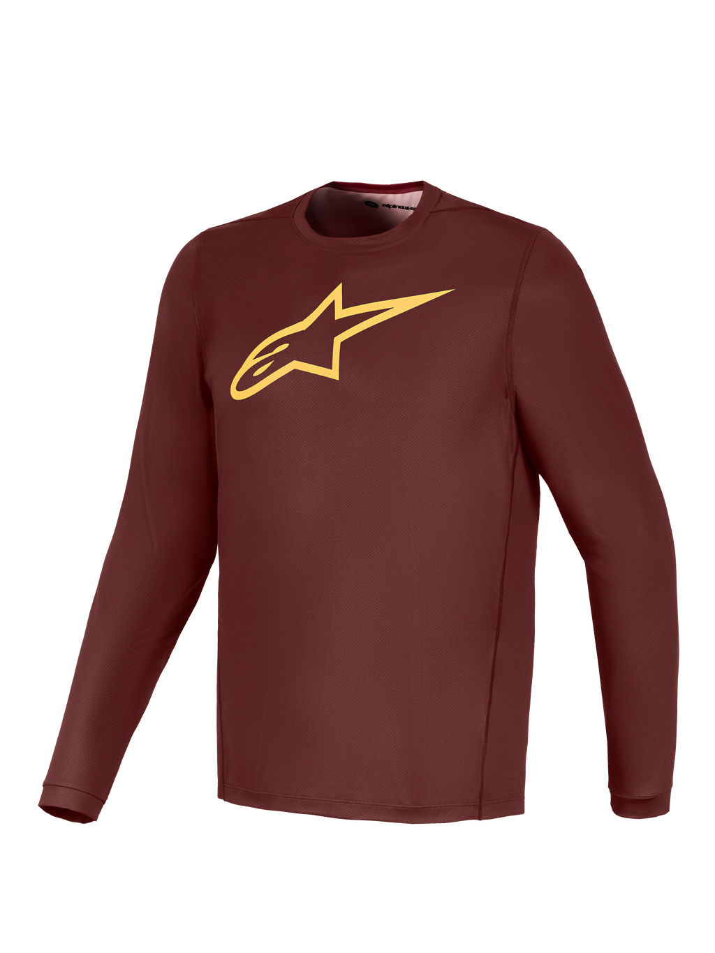 Maillot A-Dura Ride à manches longues bordeaux avec logo jaune, équipement VTT léger haute performance.